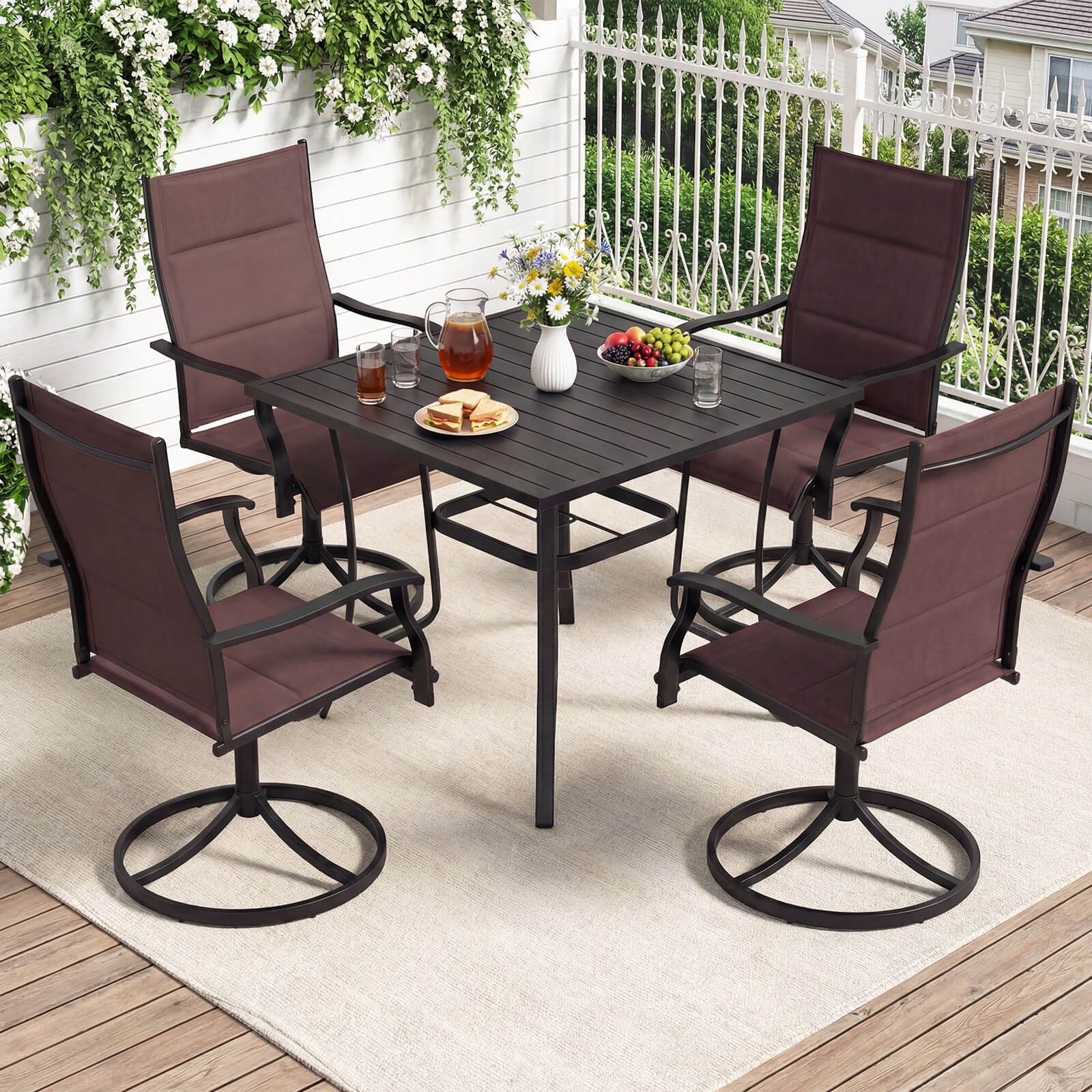 Padded Patio Swivel Chairs Set of 2, Ergonomic Outdoor Dining Chairs w/High Back