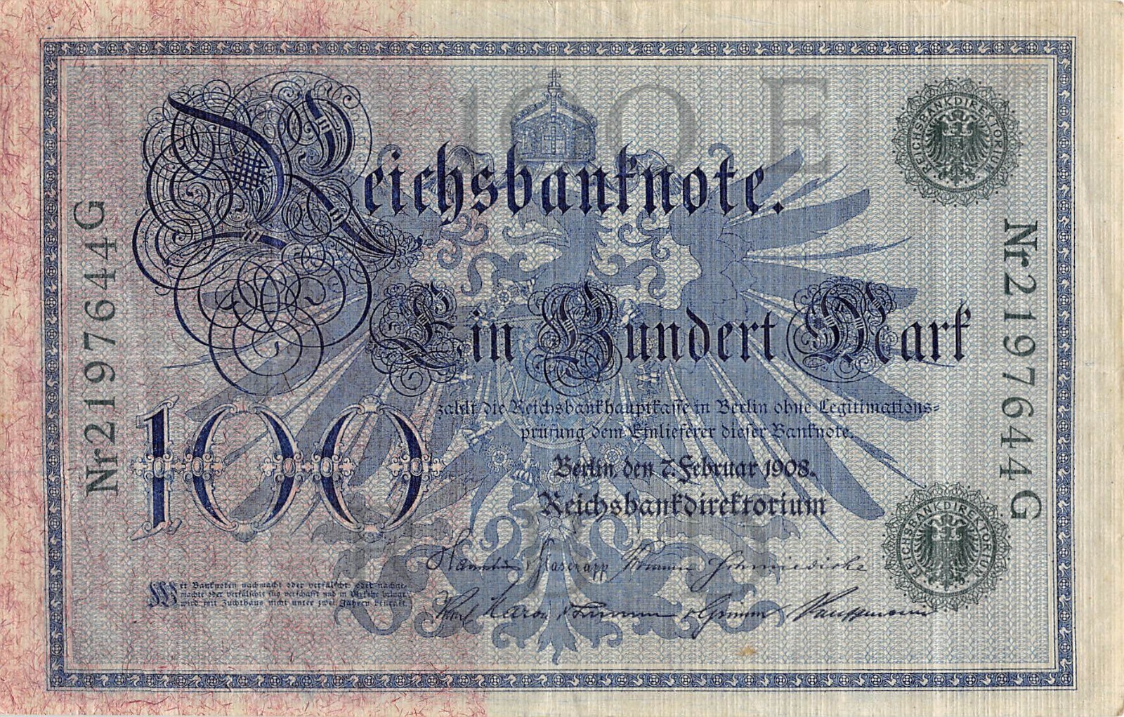 Germany  100  Mark   7.2.1908  Series G  Green Seal  Circulated Banknote Co9