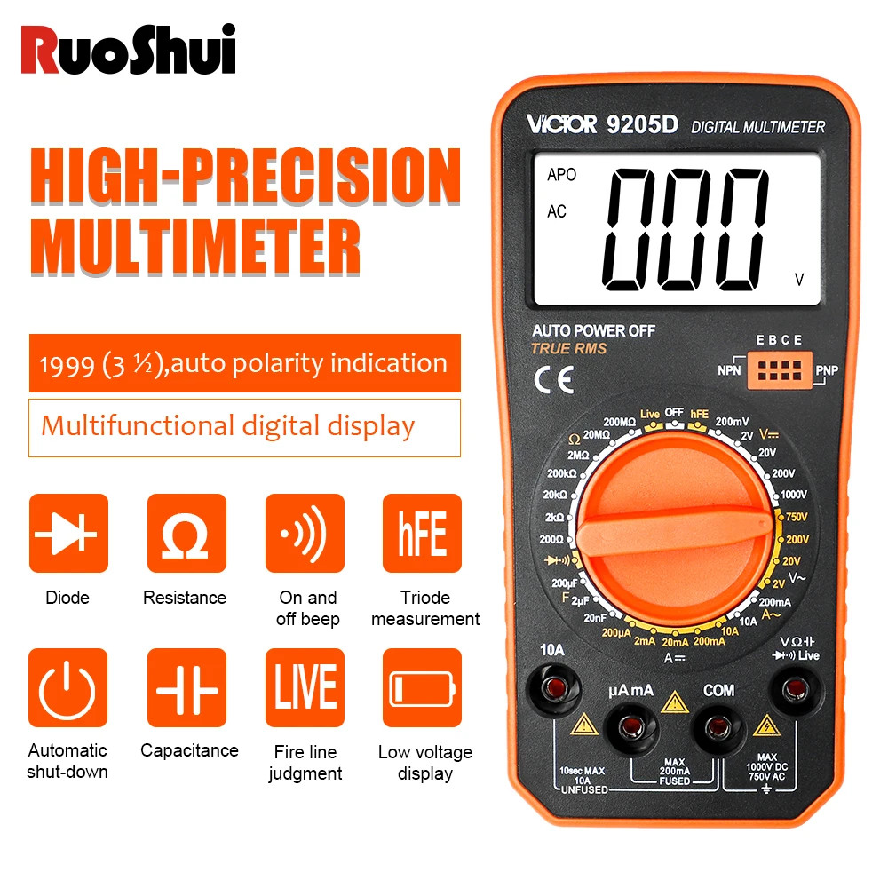 Digital Multimeter Auto 1999 Counts True RMS AC/DC 1000V Diode Continuity Freq