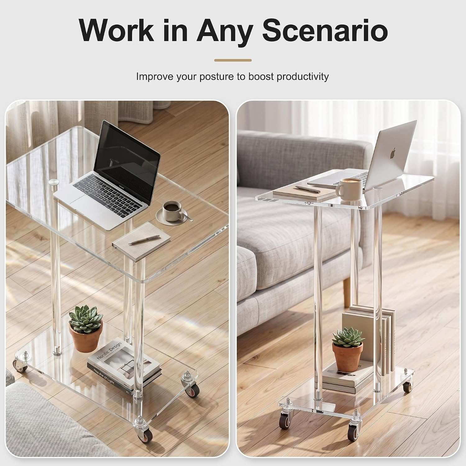 Acrylic Mobile Computer Desk, Clear Rolling Laptop Table with Wheels, Modern Tra