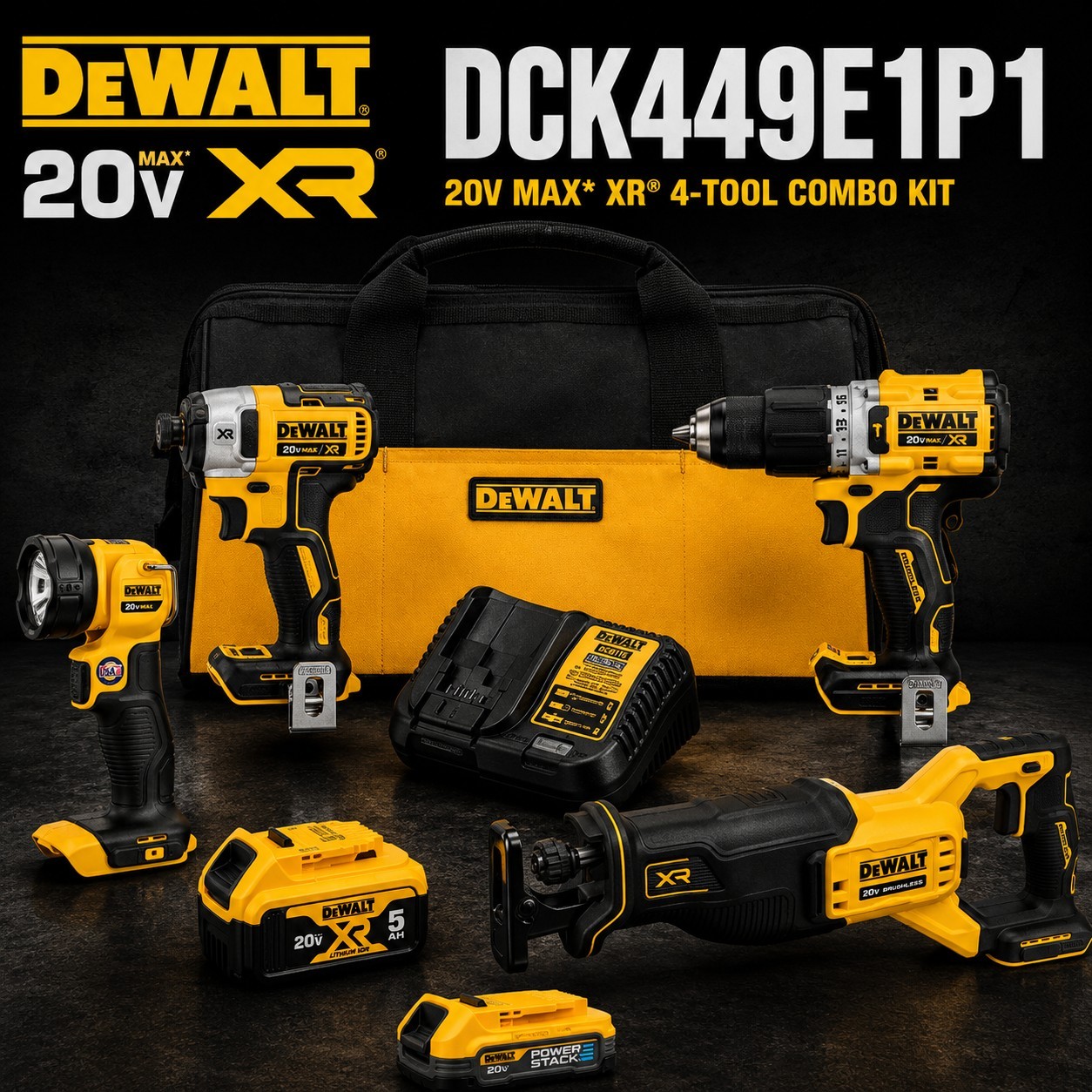 DeWalt DCK449E1P1 XR 4 Tool Combo Kit w/ 5Ah & POWERSTACK Battery New