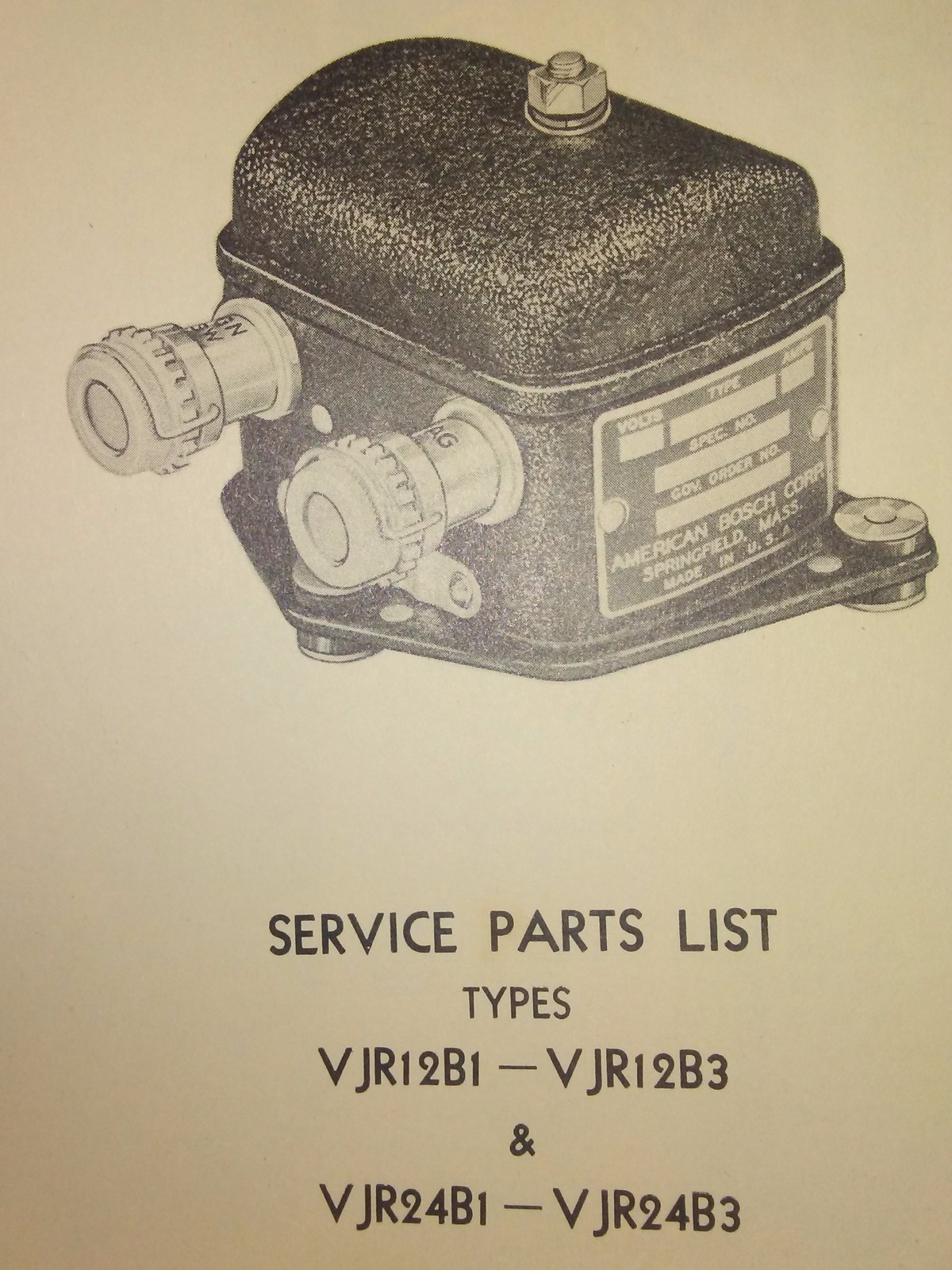 American Bosch VJR12B1, VJR12B3, VJR24B1 VJR24B3 Vibrator Parts Tech Data Sheets