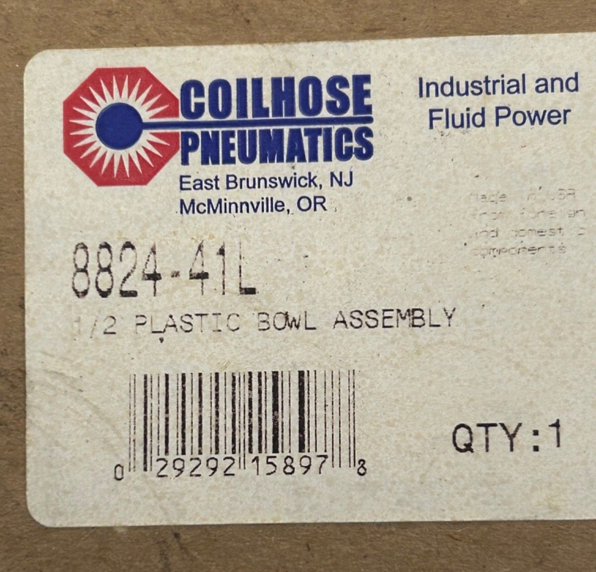 COIL HOSE PNEUMATICS 8824-41L FILTER BOWL,  NEW