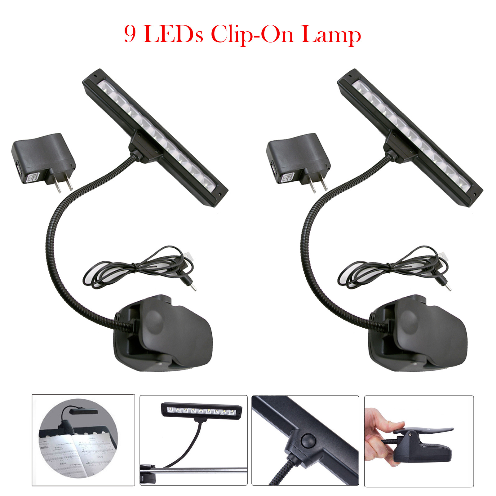 Lot2 9 LEDs Clip-On Lamp Light Black Flexible Orchestra Music Stand With Adapter