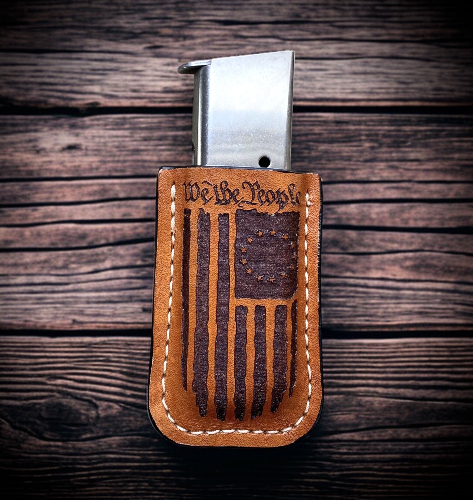 Made in USA - Laser Engraved Leather Magazine Holder Belt Clip,  We the People
