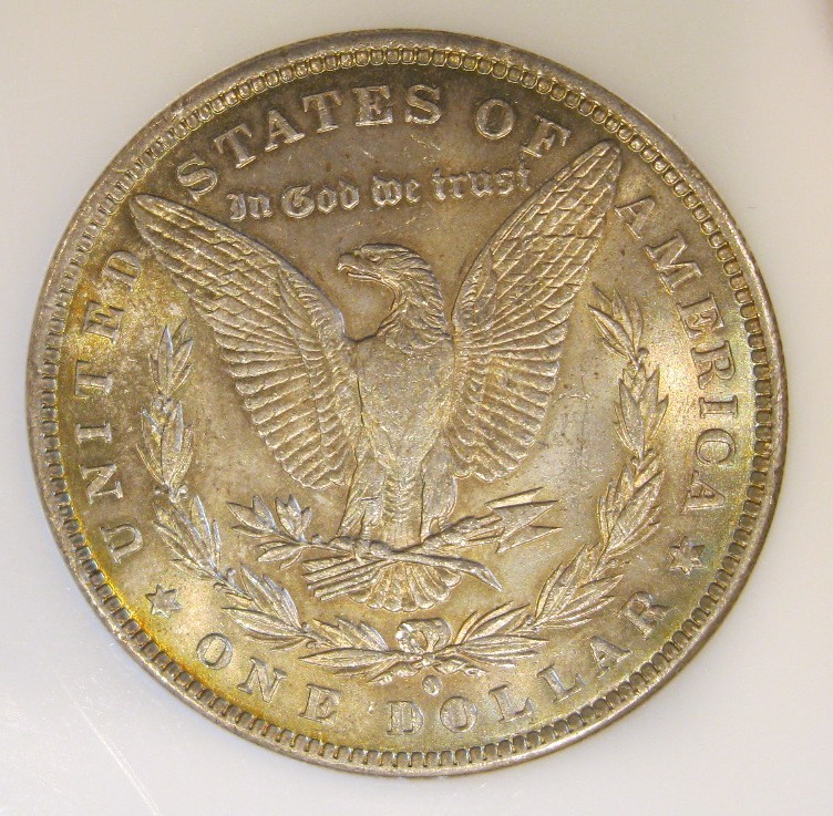 1884 O Morgan Silver Dollar - BU, Colorful toning rev, gold toning obv, 5279-3