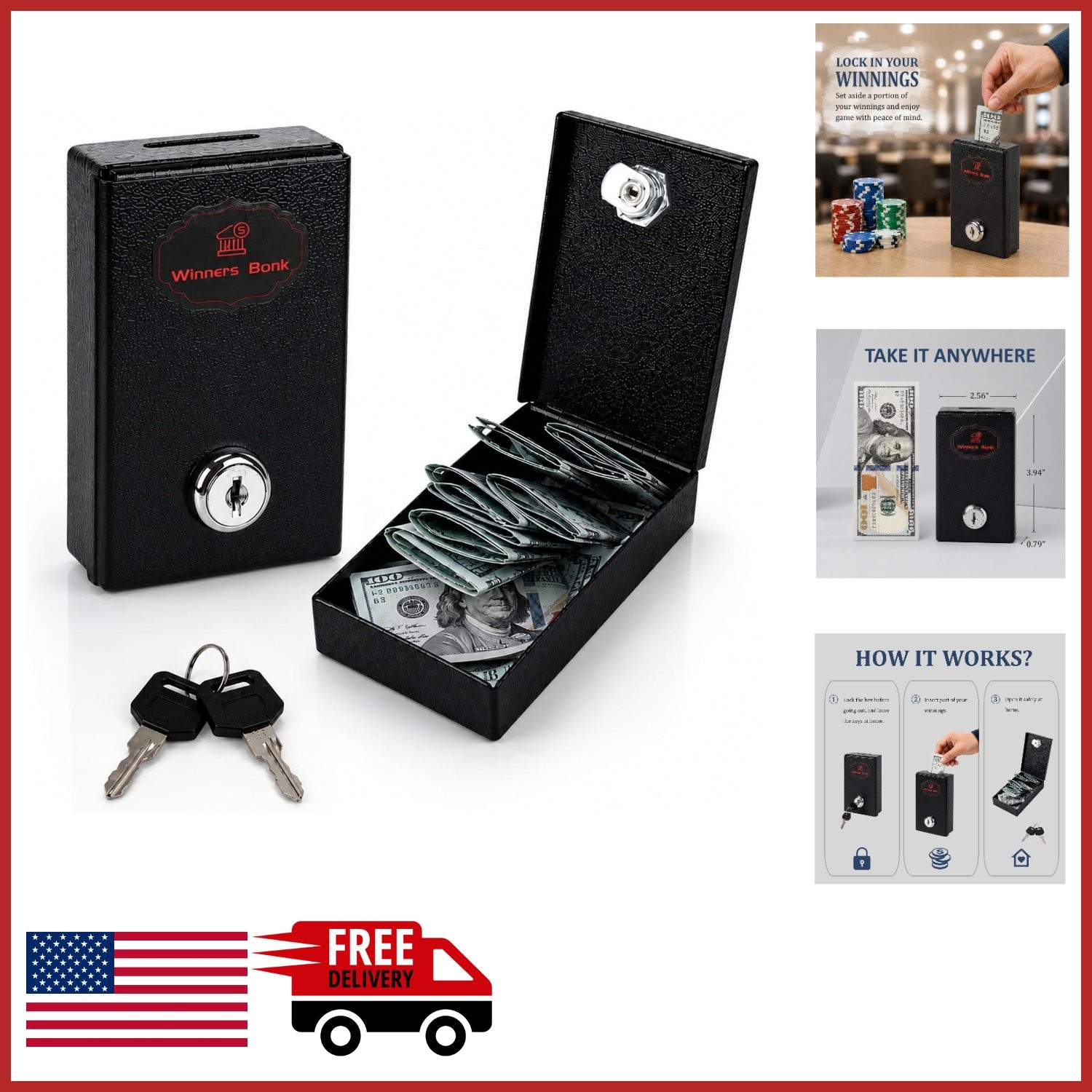 Winners Bank for Casino Players Portable Safe for Cash with Key Control