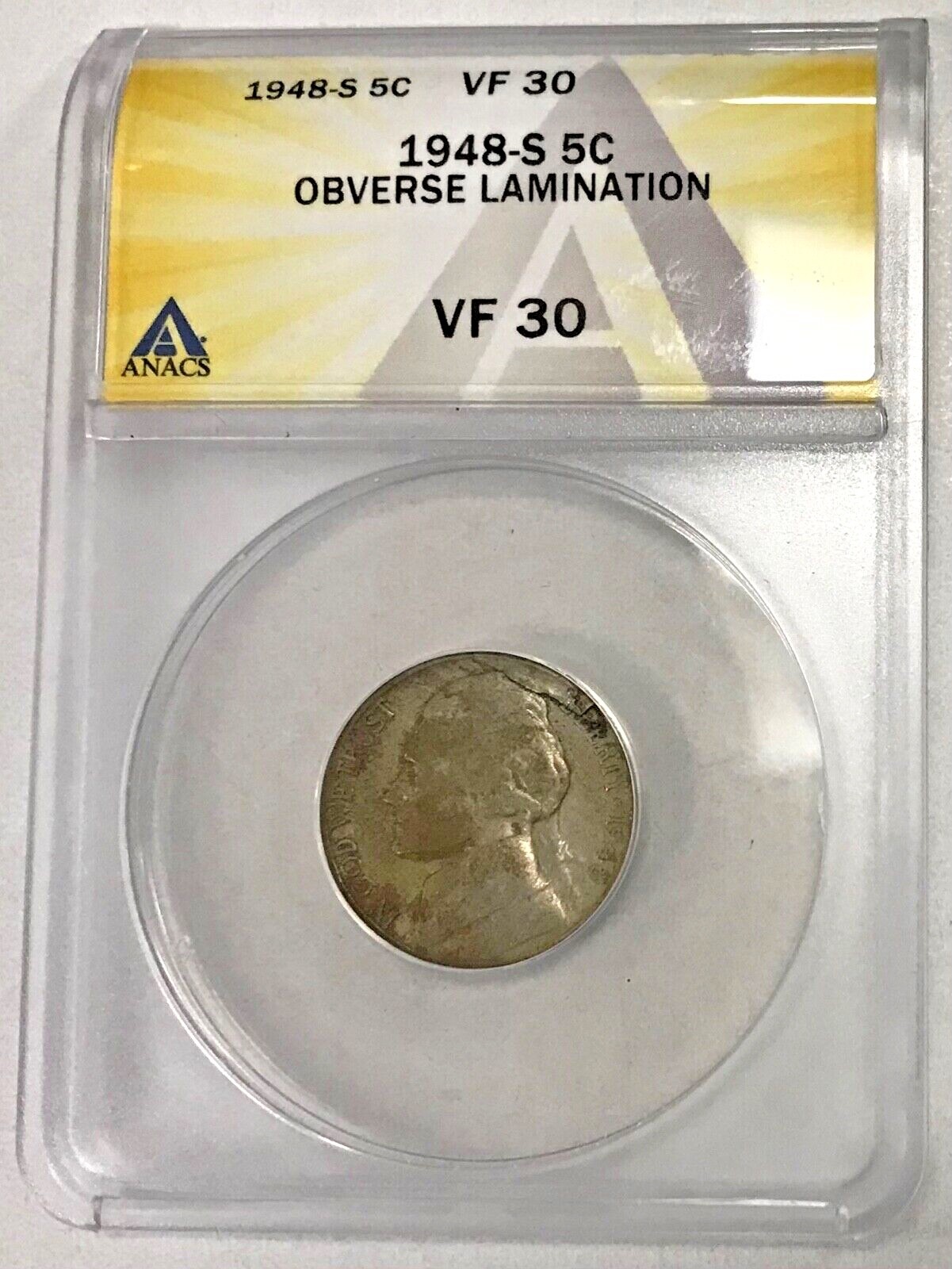 1948 S 5c Major Obverse Lamination ERROR, ANACS VF30