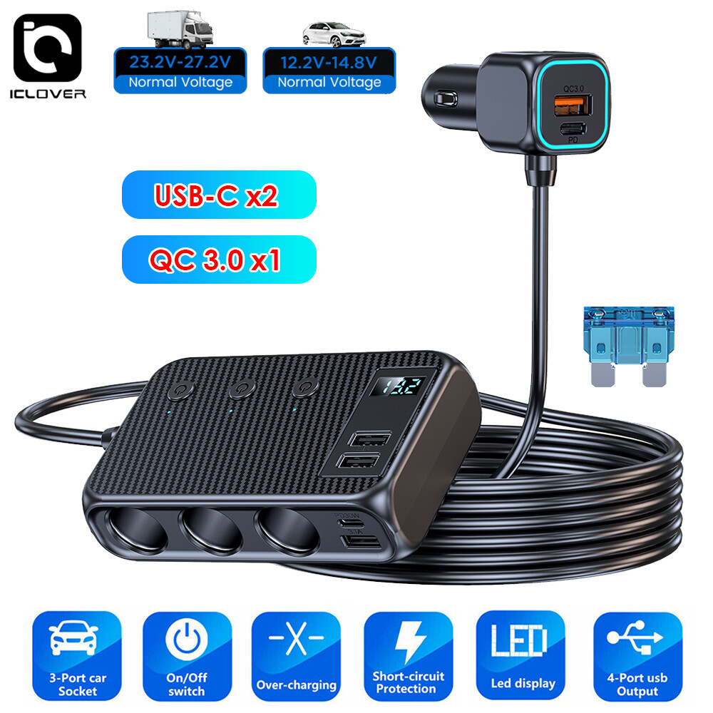 9in1 Car Charger Cigarette Lighter Splitter Adapter Fast USB/C Socket QC PD 30W