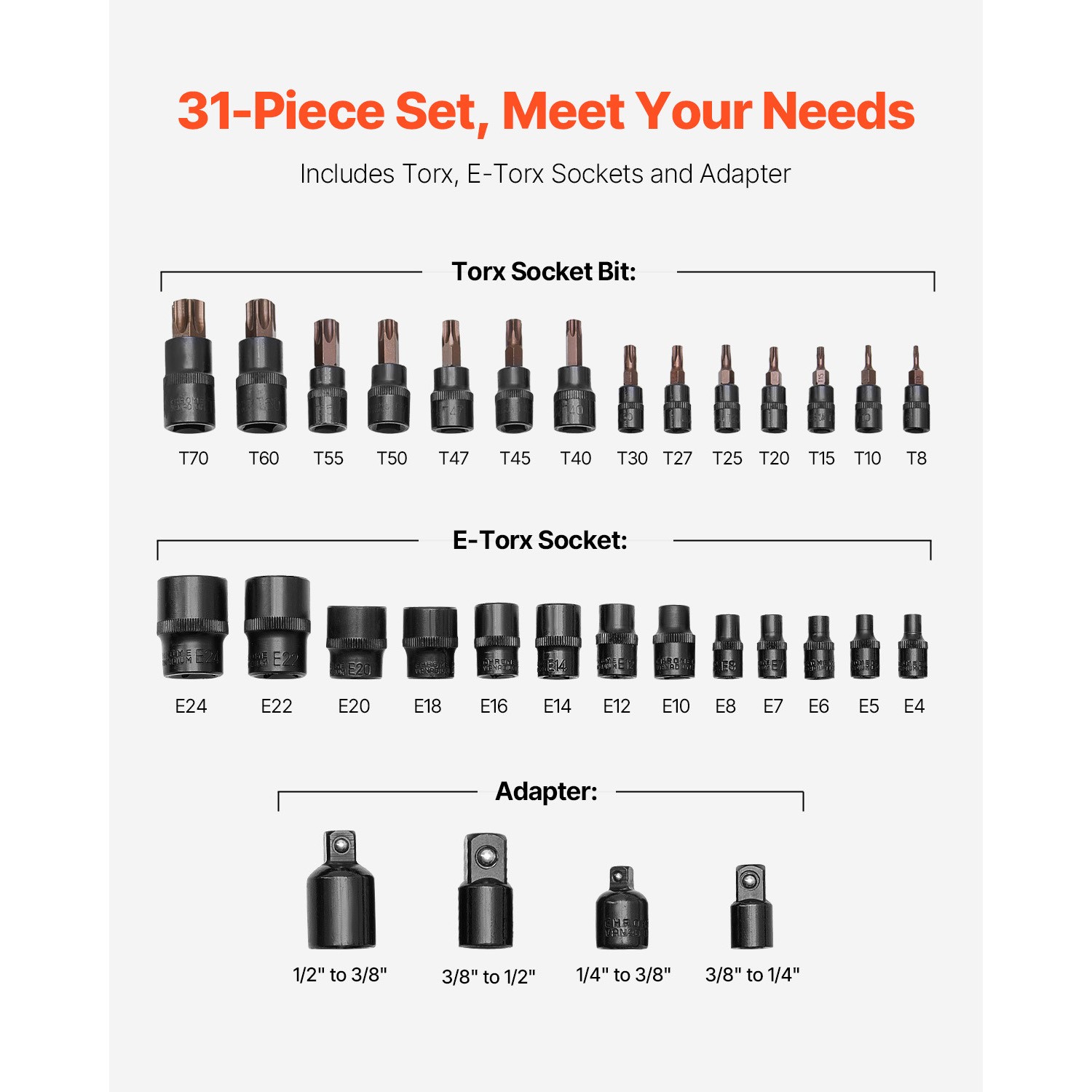 Bit Socket and External Torx Socket Set,31-Piece T8-T70 E4-E24,S2 Alloy Steel