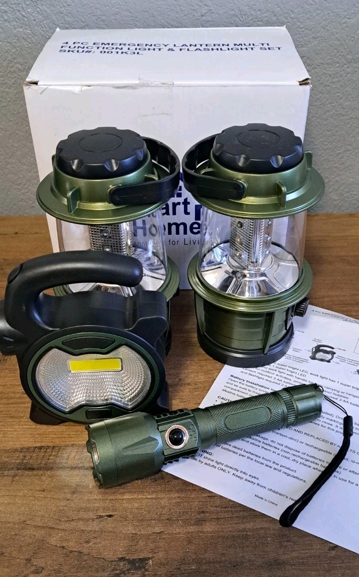 New SMART HOME 4 PC Set EMERGENCY LANTERN Flashlight MULTI Function Camping Gear