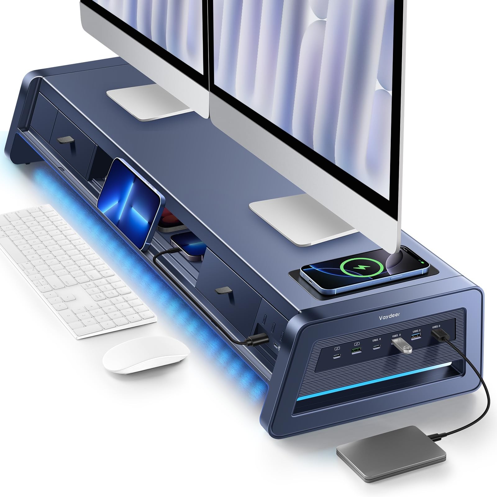 All-in-One Dual Monitor Stand Riser with 2 Drawers, 8USB Ports and Wireless C...