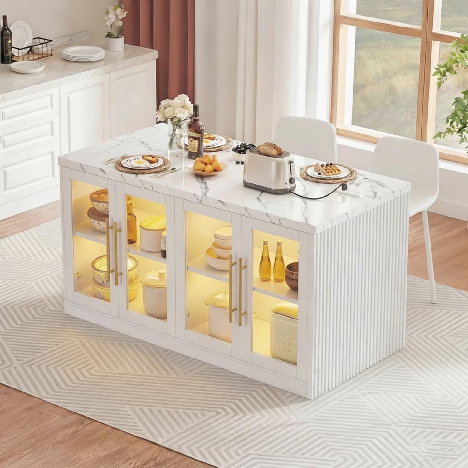 Large Kitchen Island with Storage & LED Light, Rolling Breakfast Bar Table