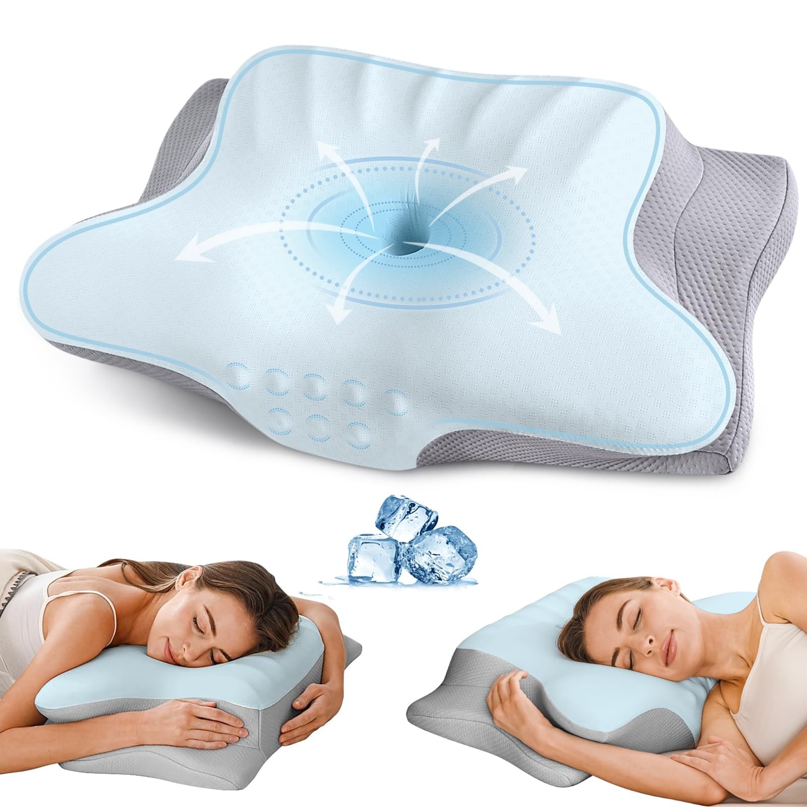 Cervical Neck Pillow for Pain Relief - Ergonomic Memory Foam Blue & Grey