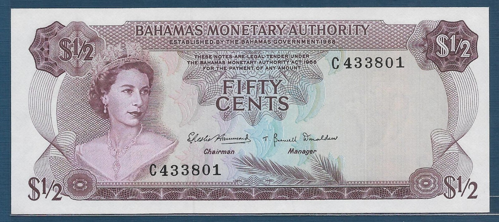 Bahamas 1/2 Dollar (50 Cents), L 1968, P 26, UNC
