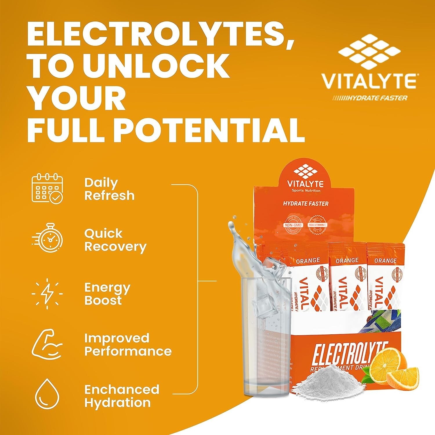 Vitalyte Electrolyte Powder Drink Mix Bundle, Pouch + Packets, Orange Flavor