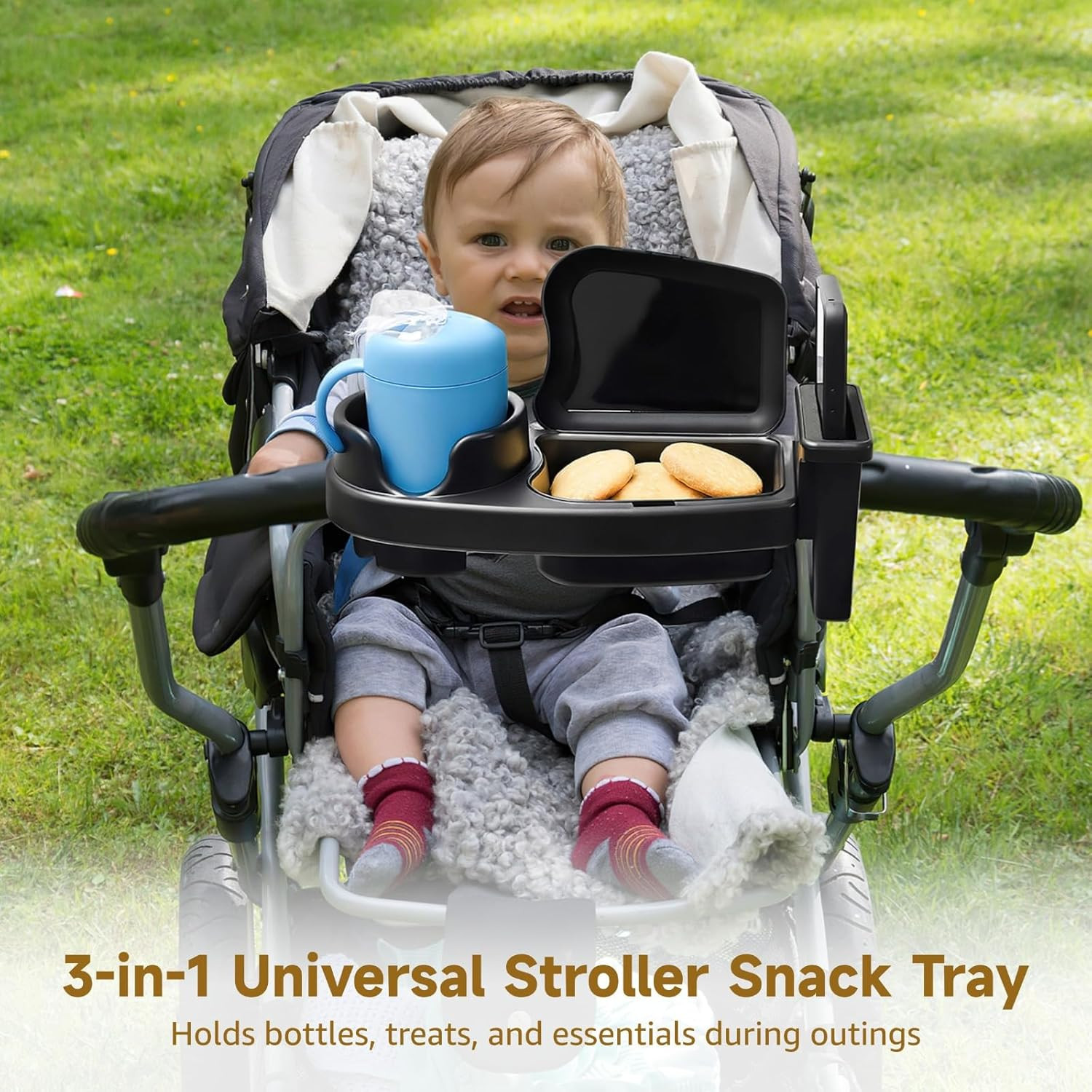 3-In-1 Universal Stroller Snack Tray, Cup and Snack Holder with Dust Cover, Stur