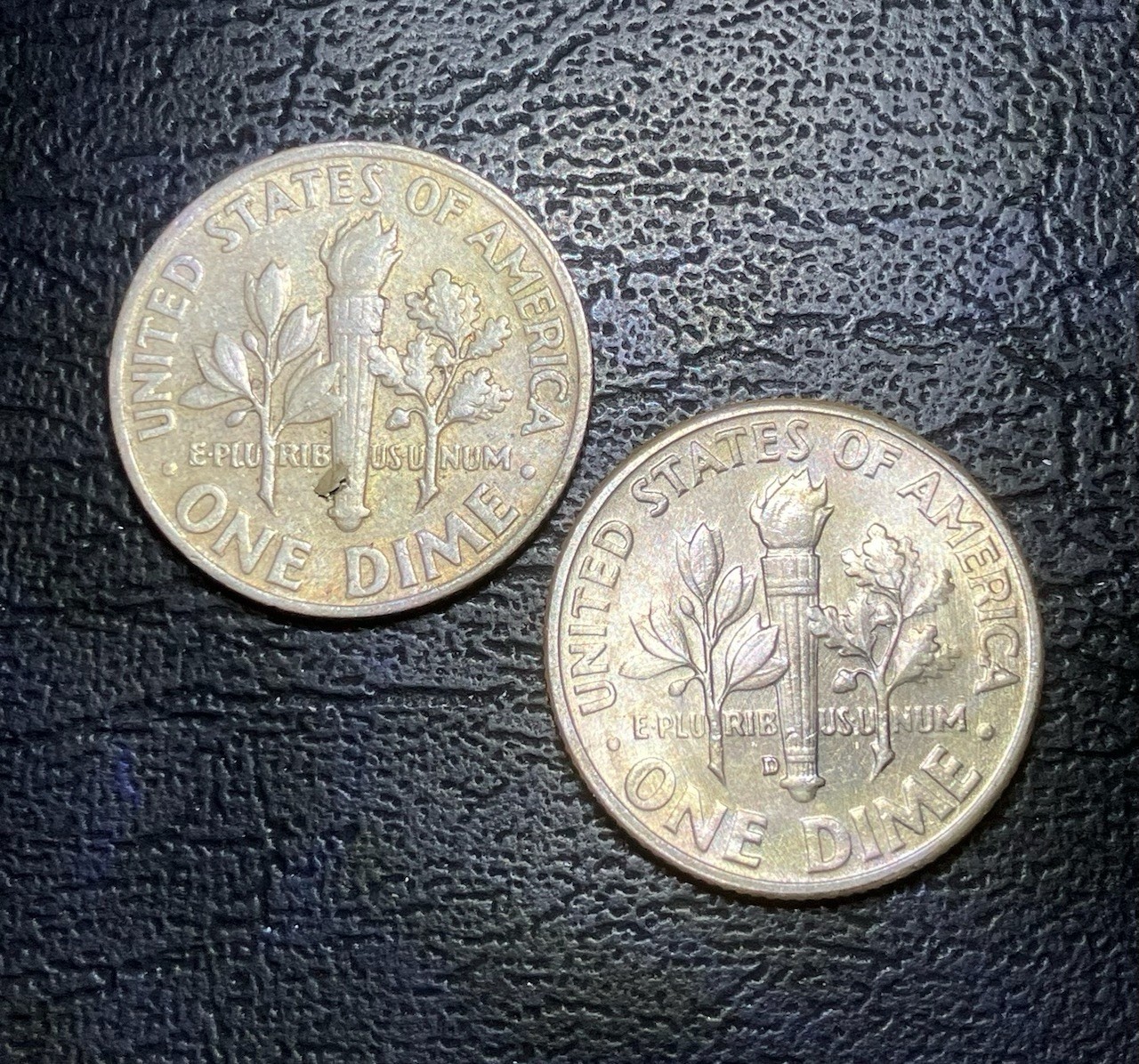 2 Silver Roosevelt Dimes 1959 D "Acorn " Die Clash 1964 Lamination errors