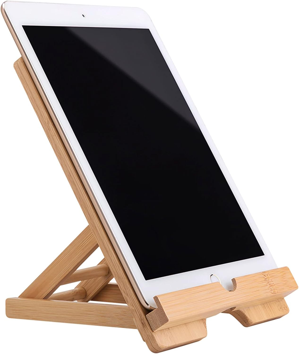 Bamboo Tablet Holder - Adjustable Folding Ipad Stand with Charge Port for Des...