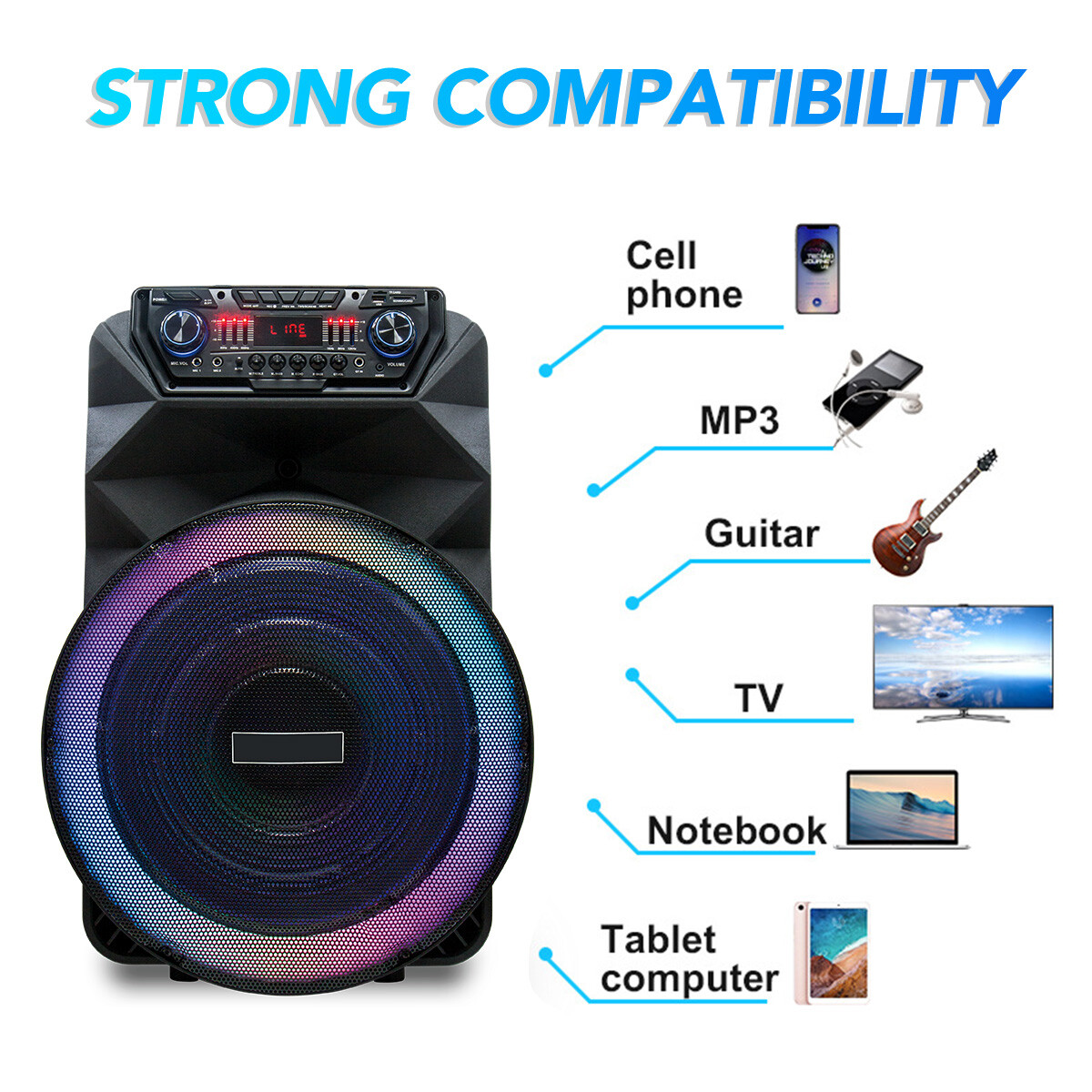 18" 4500W Portable Bluetooth Speaker with Wireless Mic Rechargeable Bass