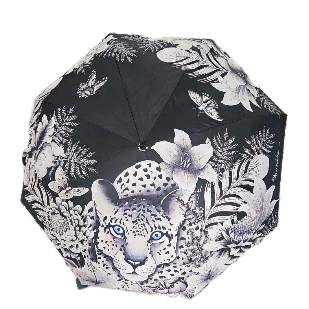Anuschka Cleopatra’s Leopard Auto Open Close Umbrella UV 50+ Black Floral NWT