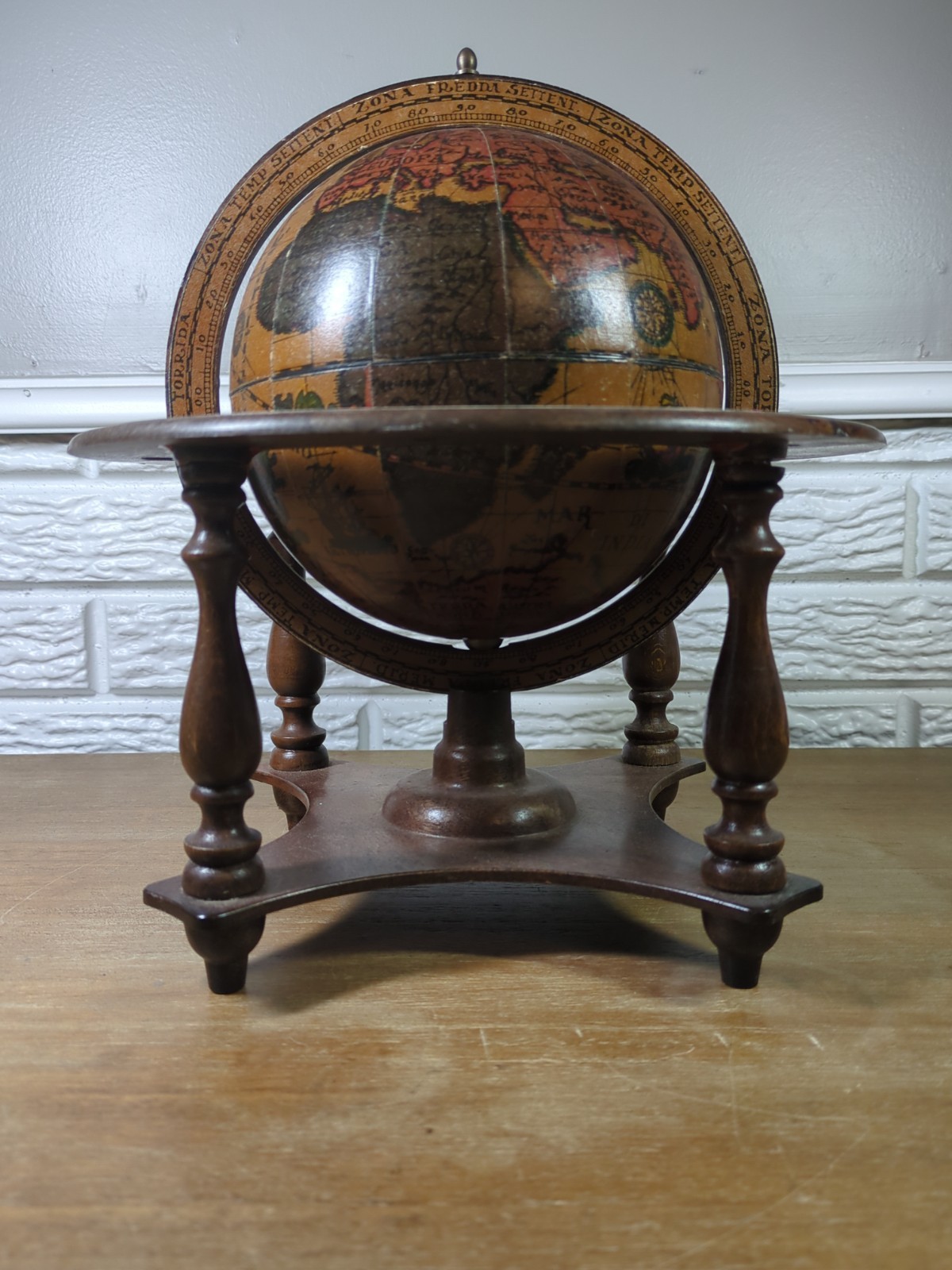 Vtg Old World Spinning Globe Astrology Zodiac Carved Wood Stand 11" Rustic Italy