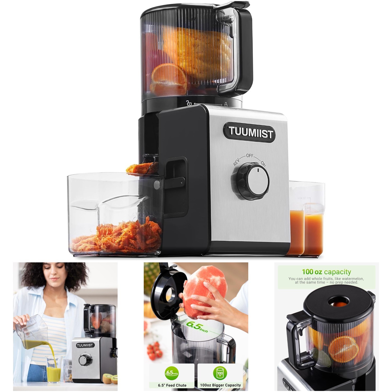 6.5' Large Feed Chute Masticating Juicer Easy Clean Whole Fruit Veggie High