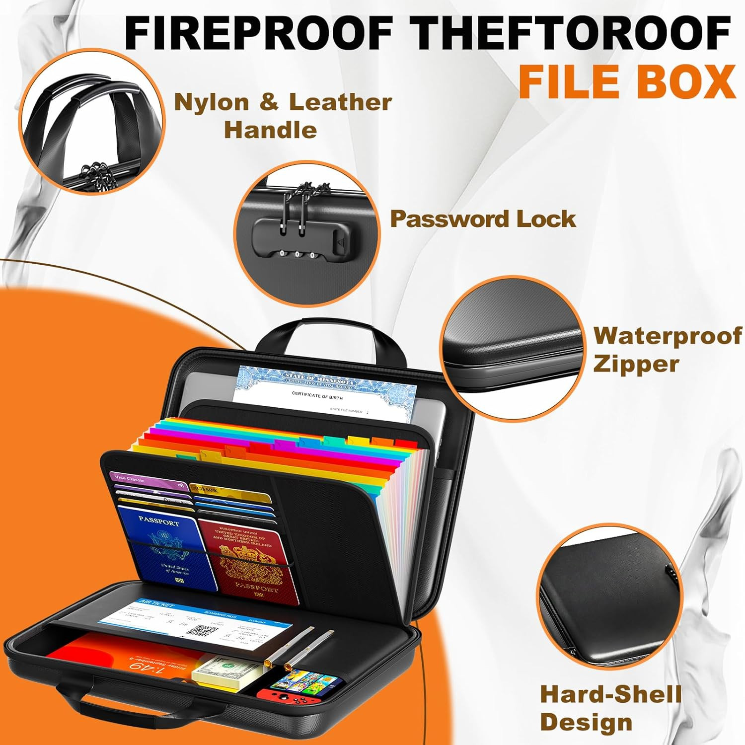 Fireproof Document Organizer with Lock, Rigid EVA File Box with 13-Pocket Accord