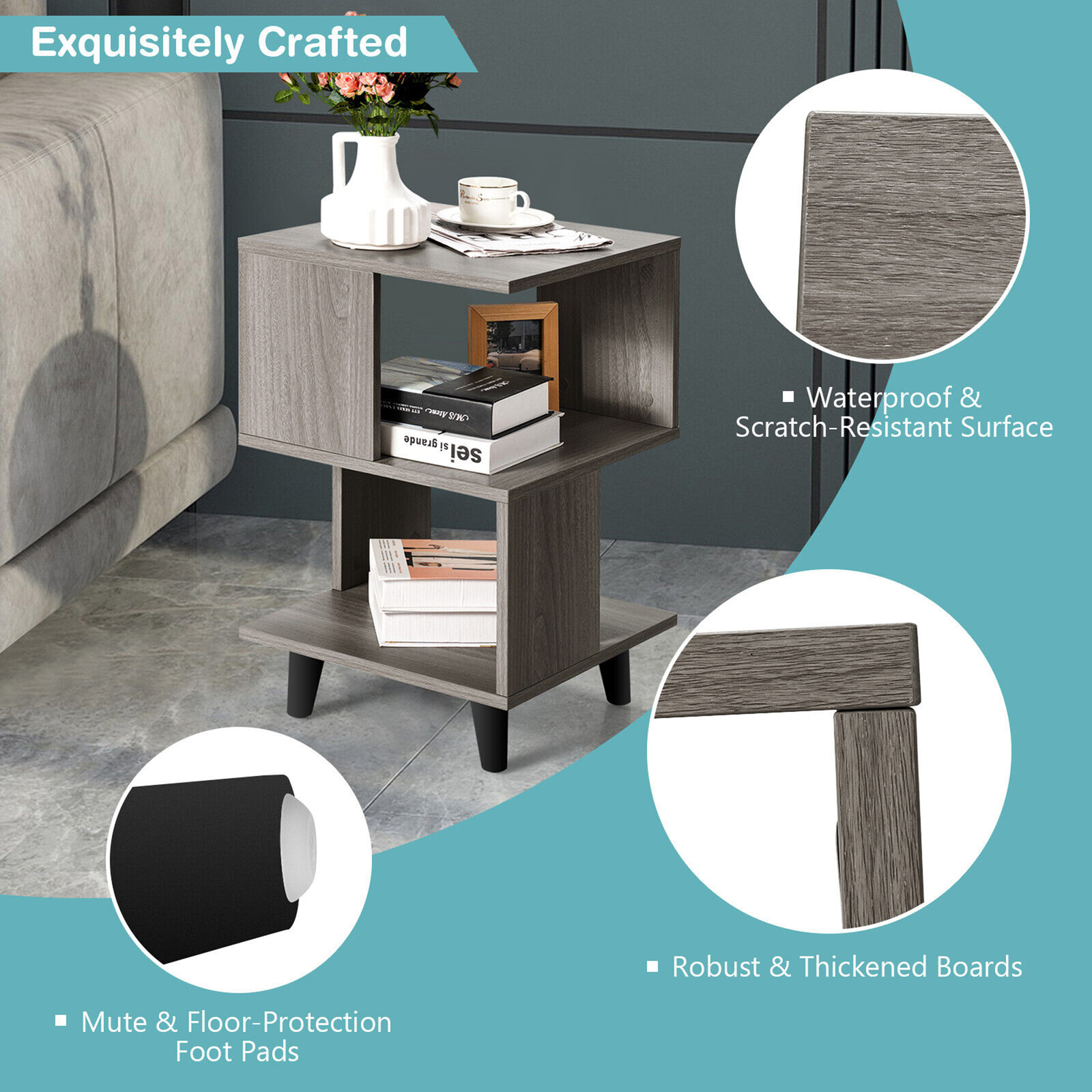 2 PCS Nightstand Set Modern Side End Table Storage Shelf Grey