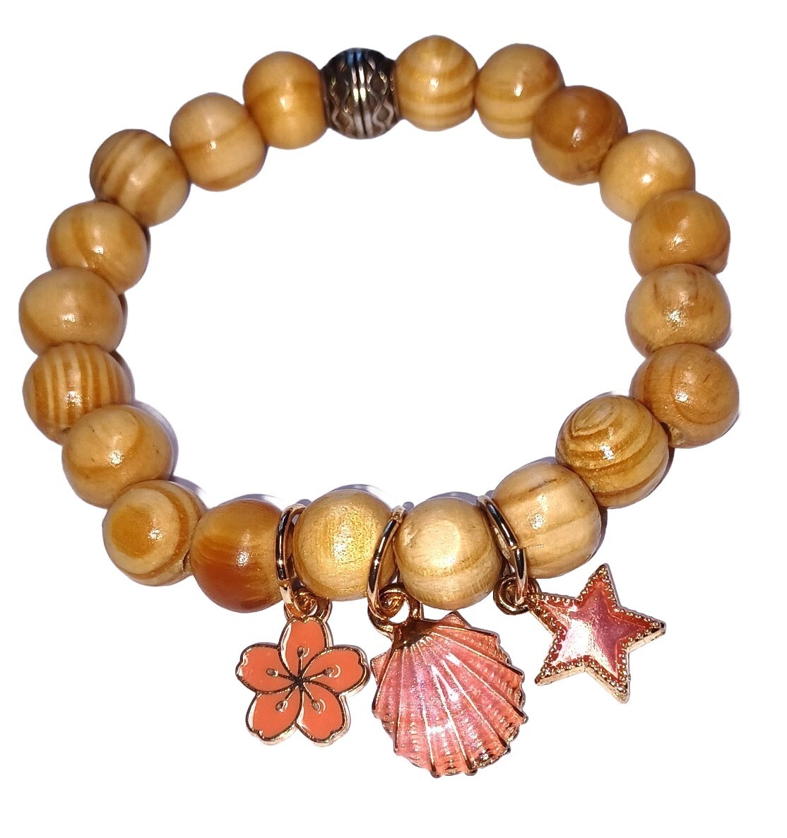 Wood Beaded Bracelet With Coral-Colored Charms