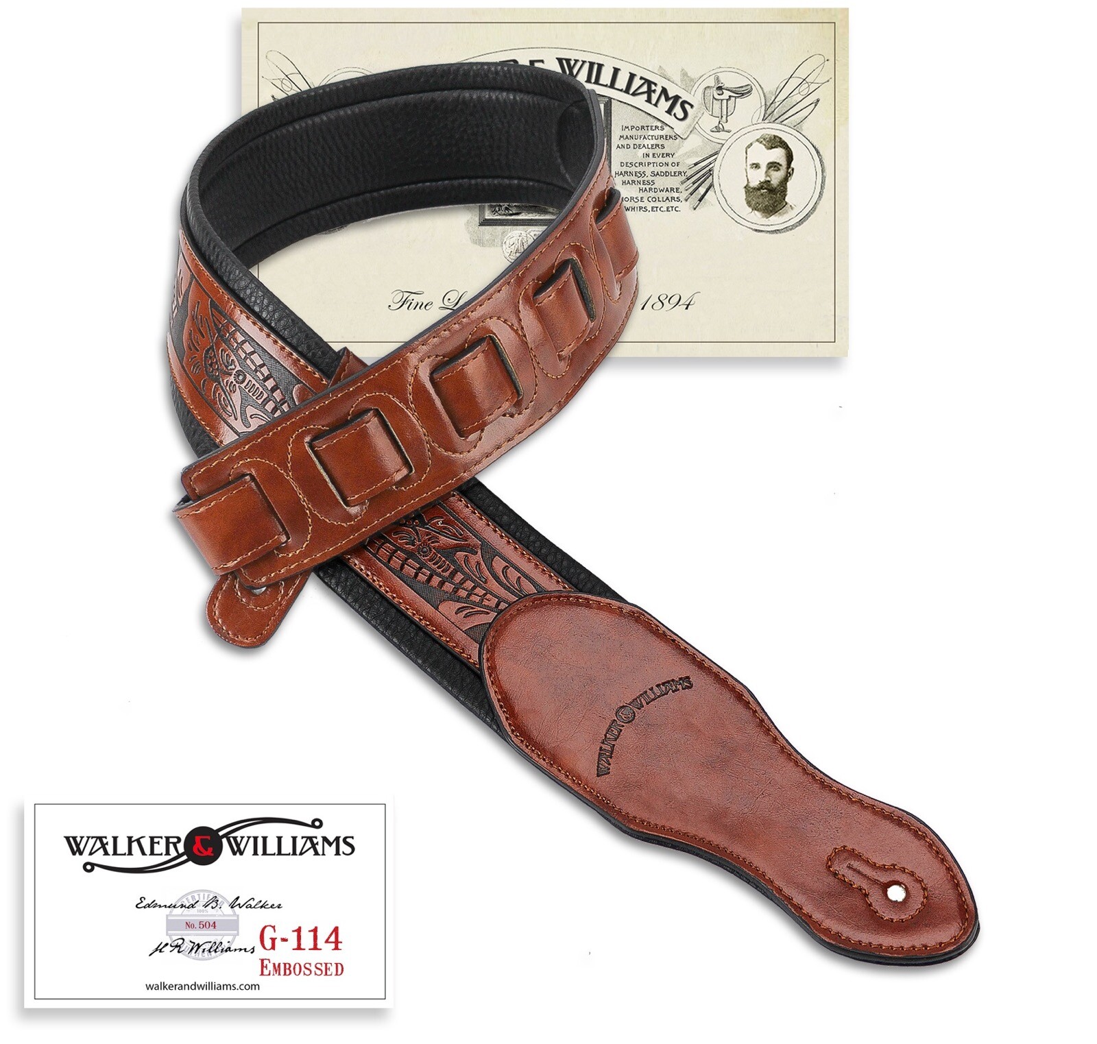 Walker & Williams G-114 Chestnut Brown Strap with Embossed Tooling & Padded Back