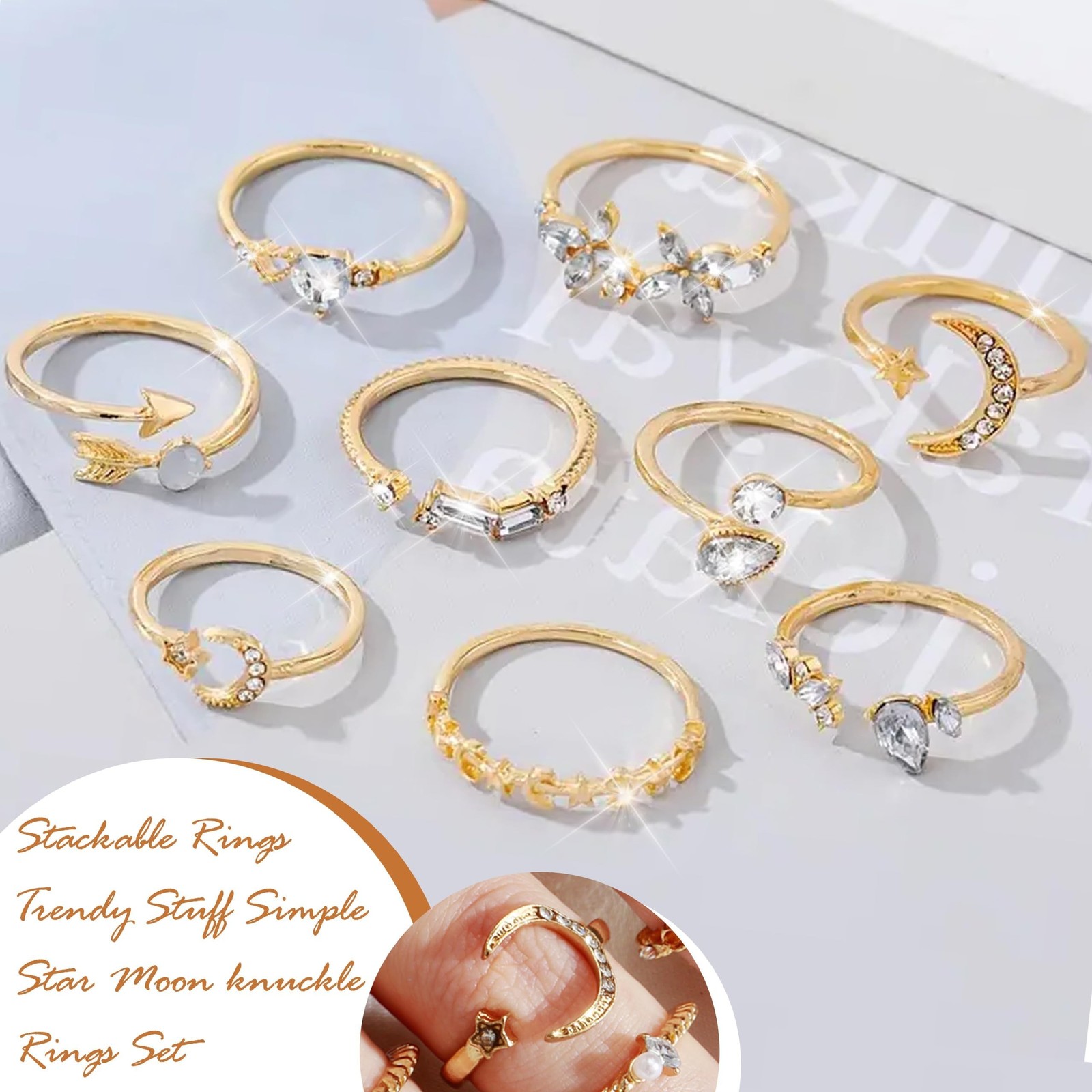 Dcfywl731 Gold Stackable Knuckle Rings Set for Women Boho Retro Star Moon Hea...