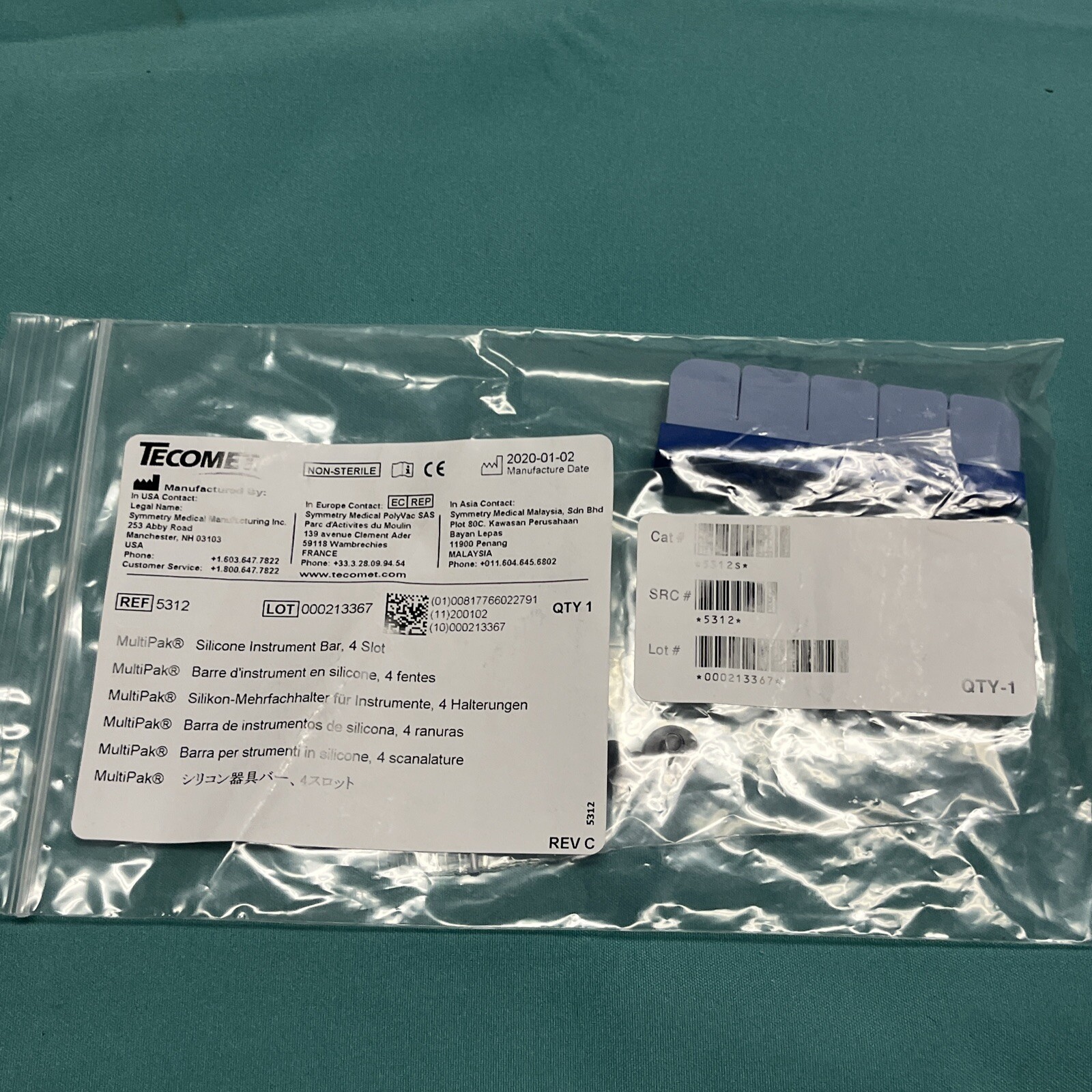 Symmetry Surgical 5312 MultiPak Silicone Accessory Instrument Bar, 4 Slot