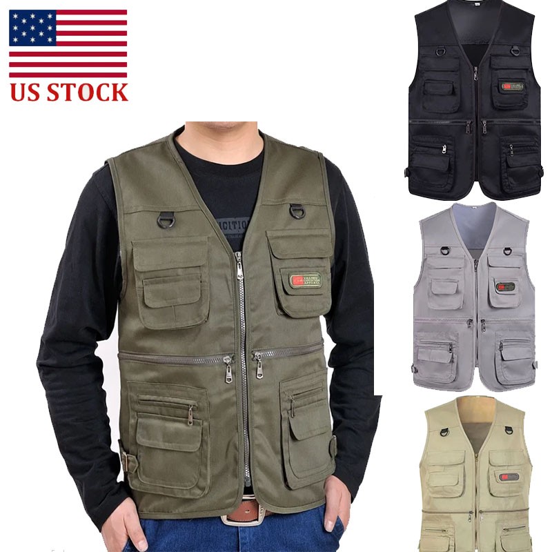 Mens Cargo Multi Pocket Utility Vest Photo Fishing Hiking Camping Gilet Tops