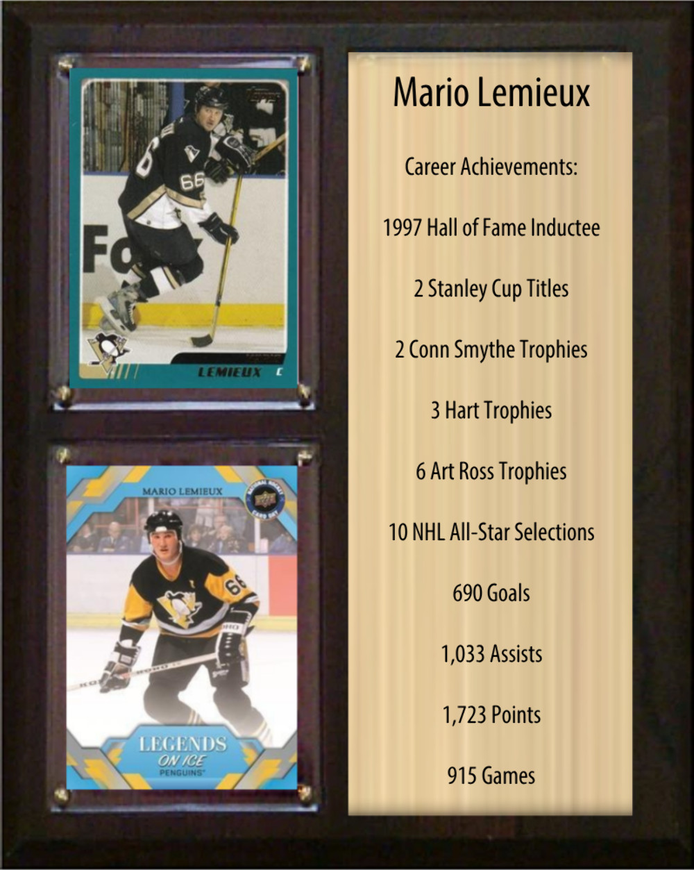 Mario Lemieux Pittsburgh Penguins HOF Fan Gift Plaque 8x10 Stats 2 Cards Upper D