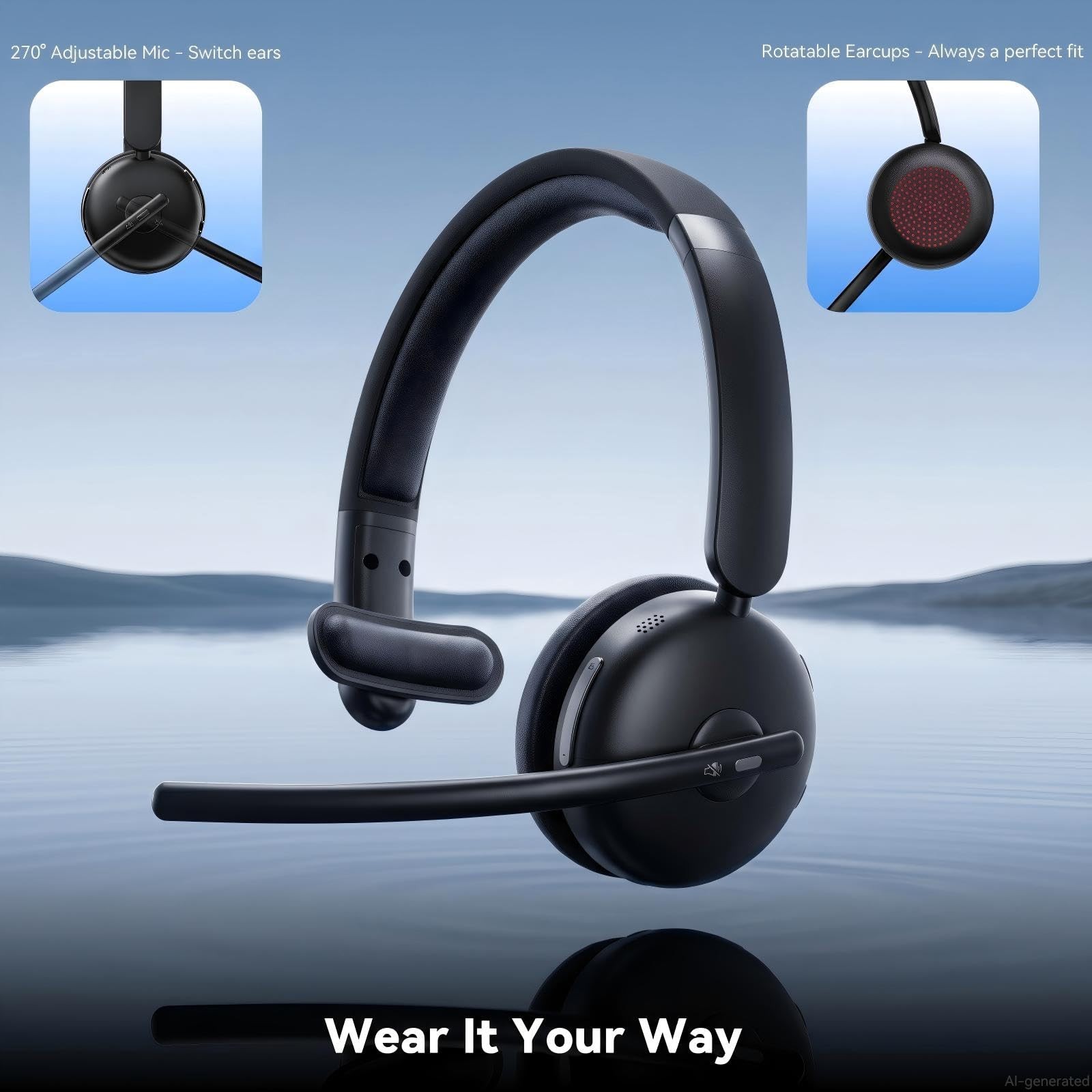 Wireless Headset, Wireless Headset with Mic for Work, AI Noise Cancelling, 65Hrs