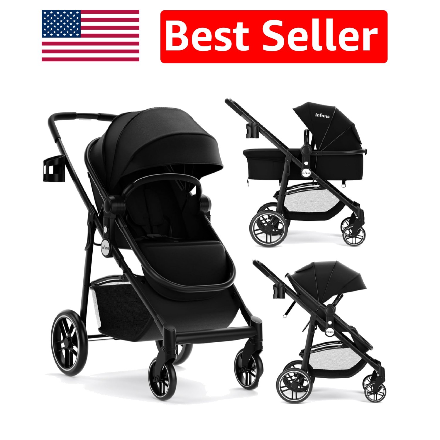 Versatile Black Pushchair with Reversible Bassinet & Cup Holder for Infants