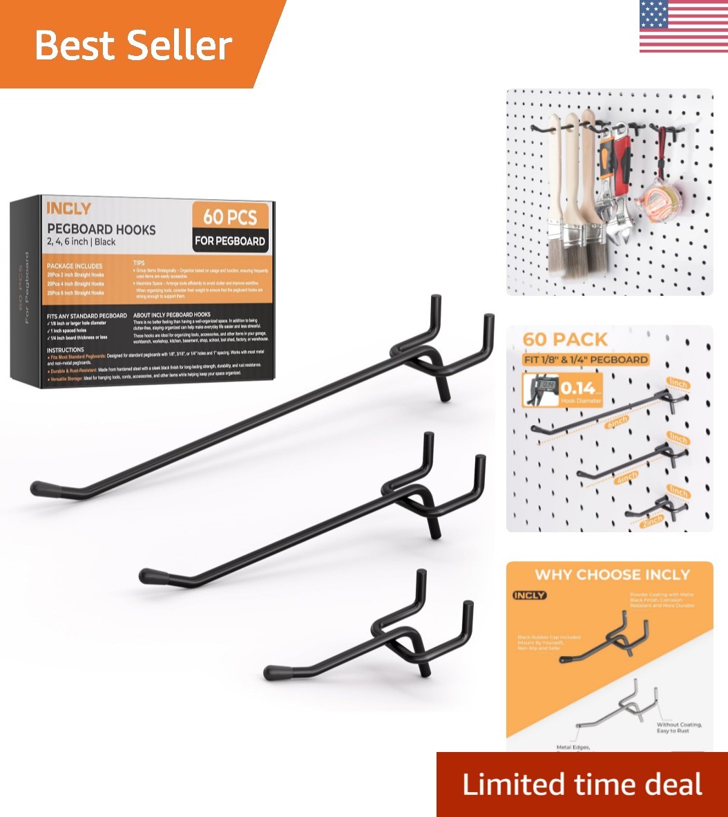 Durable Black Pegboard Hooks Set - 60 Pieces in 2/4/6 Inch for Versatile Storage