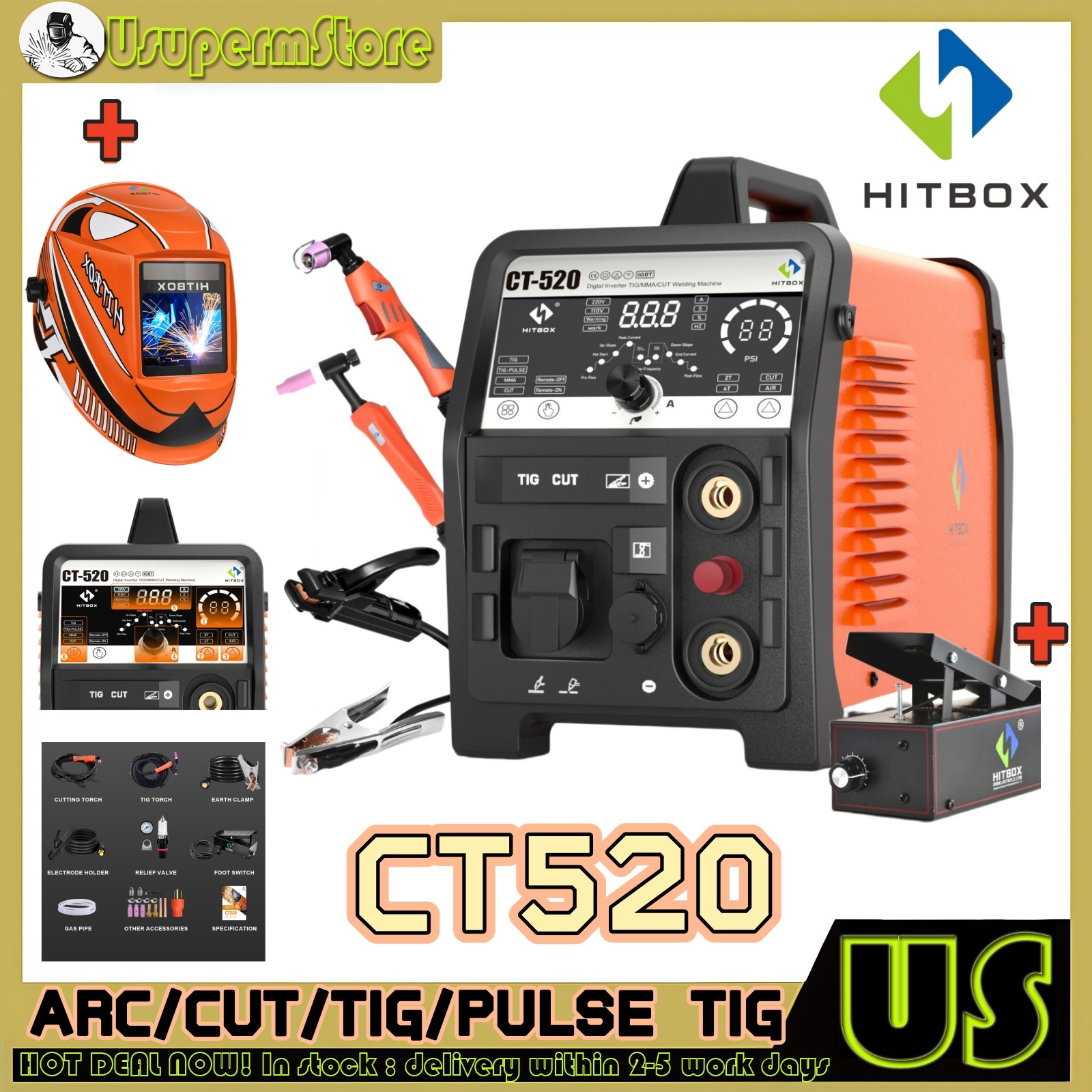 HITBOX 200A Plasma Cutter TIG MMA Pulse Welder 110V/220V With Foot Pedal &Helmet