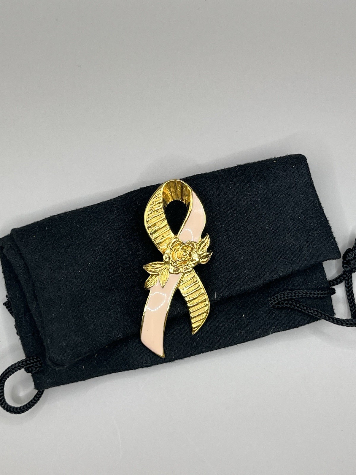 Avon Gold Tone Breast Cancer Awareness Enamelled Brooch with Rose Detail