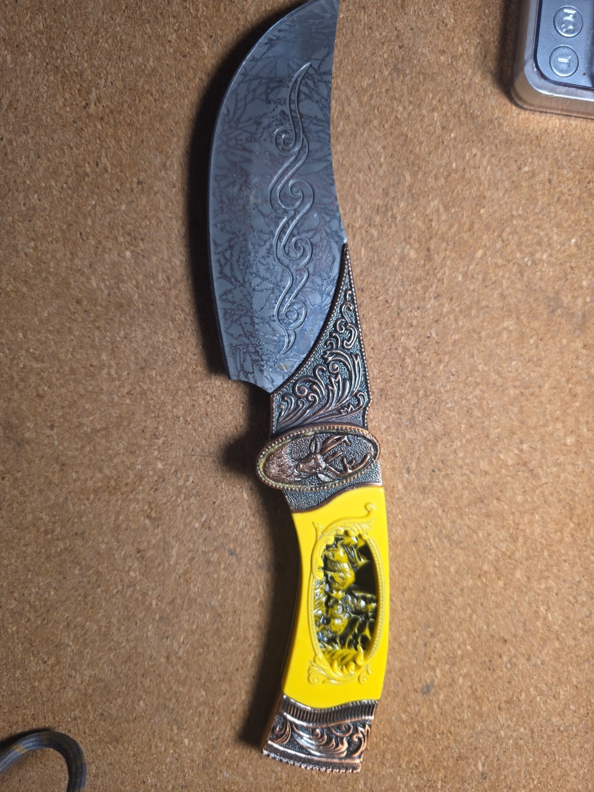Decorative Kinfe, Deer Pattern, Bronze Accents And Yellow Handle