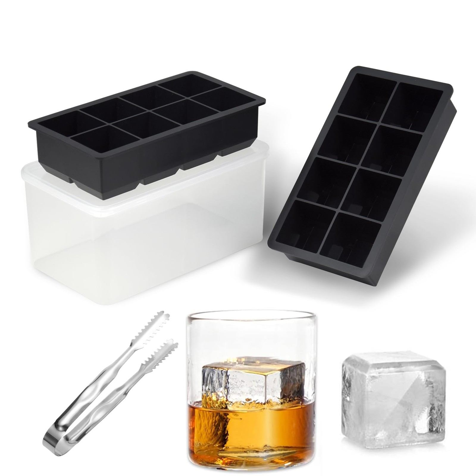 Silicone Ice Cube Tray with Bin and Tongs,2 Pack Large Silicone Ice Cube Mold...
