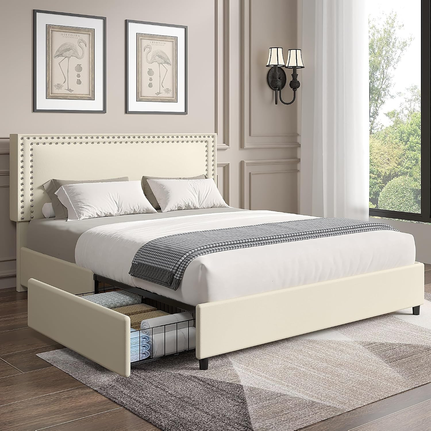 Full Size Upholstered Bed Frame with 4 Storage Drawers, Adjustable Velvet Rivet