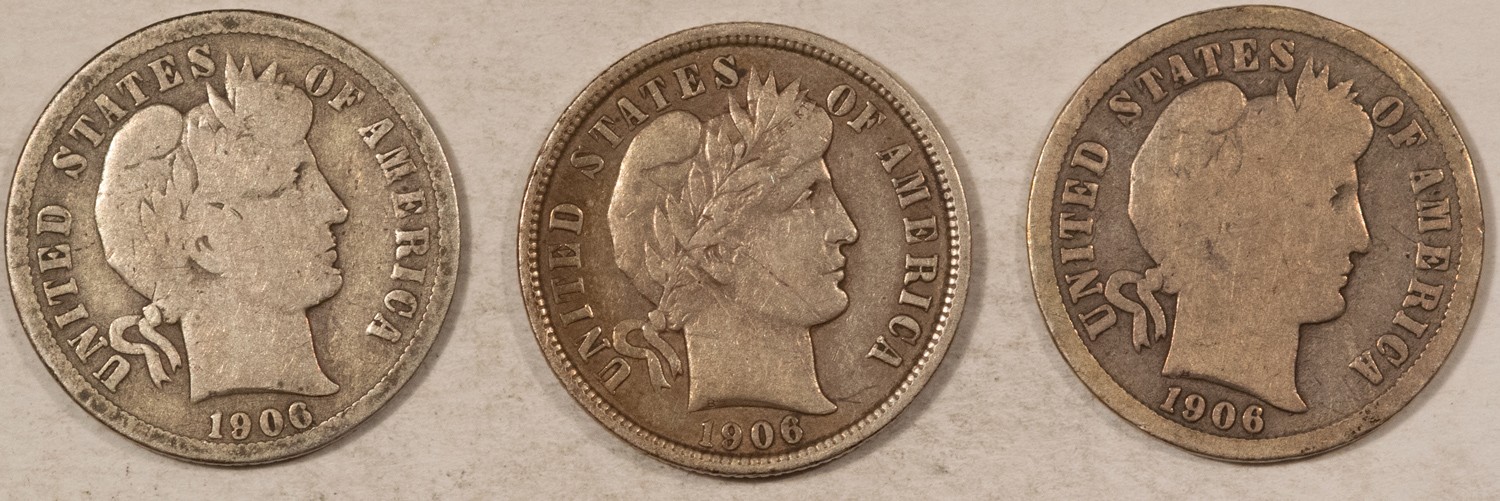 1906 1906-O 1906-S BARBER DIME LOT OF 3 COINS - CIRCULATED!