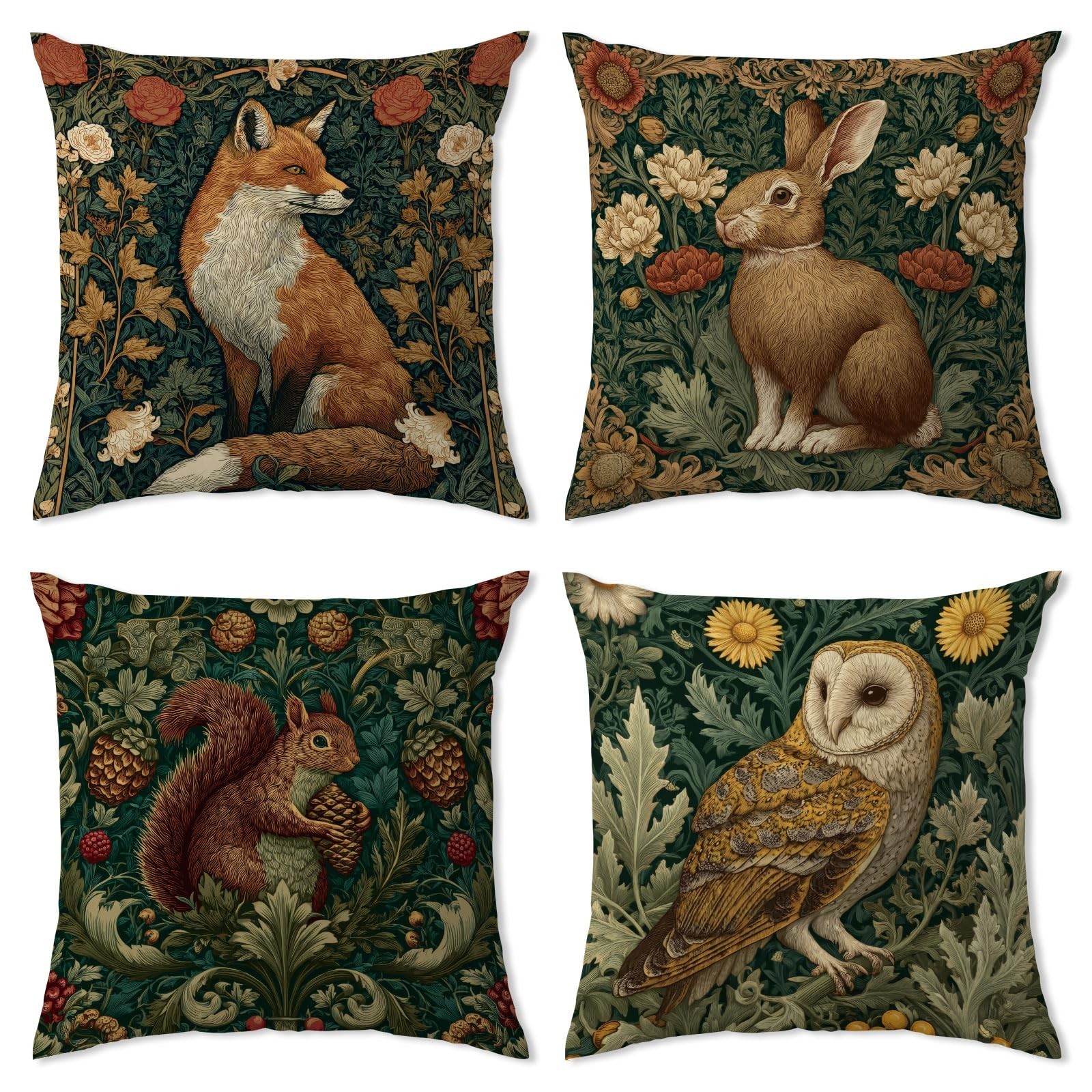William Morris Pillow Covers 18x18 Set of 4 Vintage Animal Forest Bunny Velve...