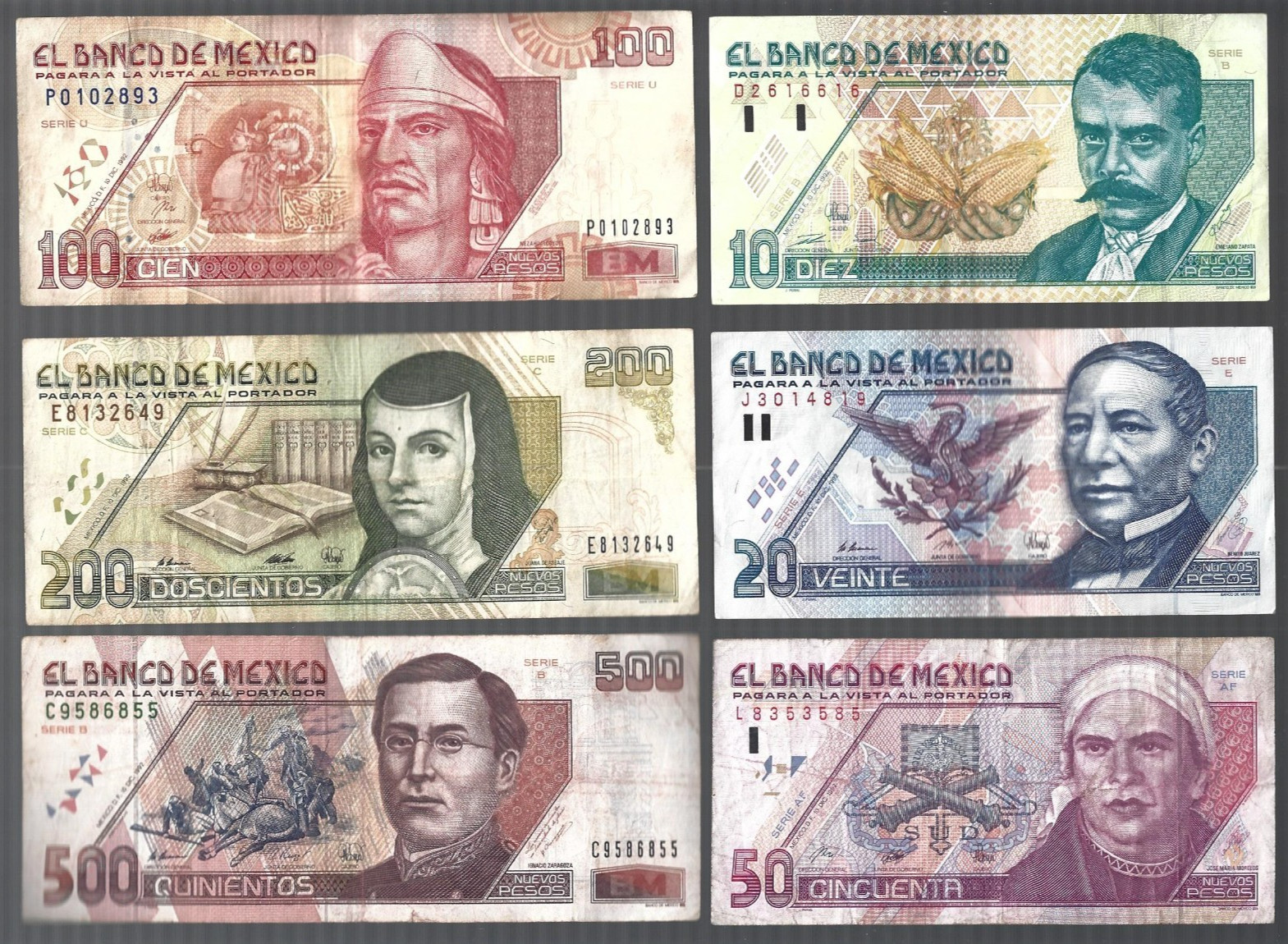 Mexico 💥1992 ... 10/20/50/100/200/500 nuevos pesos💥6 notes lot#5222