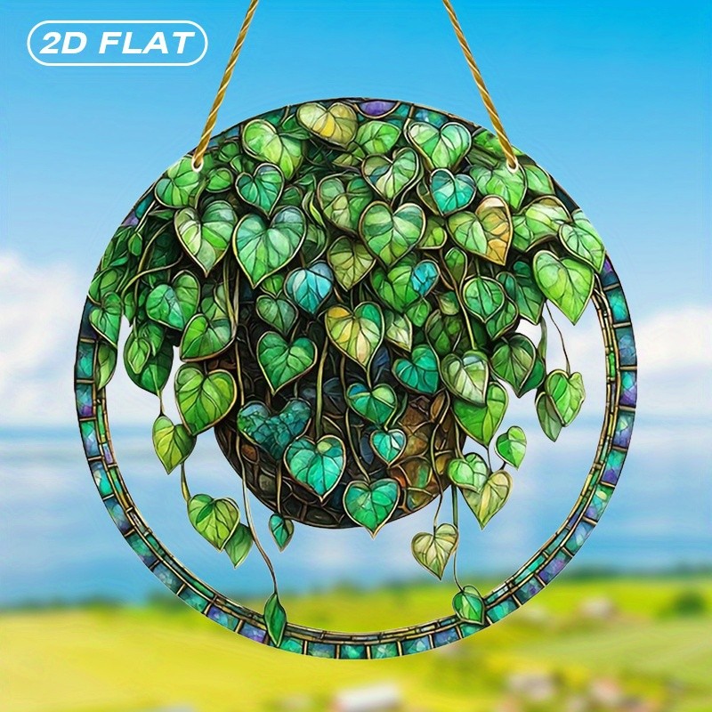 Trailing Pothos Vines Suncatcher, 2D Flat Acrylic Stained Glass Style Ornament