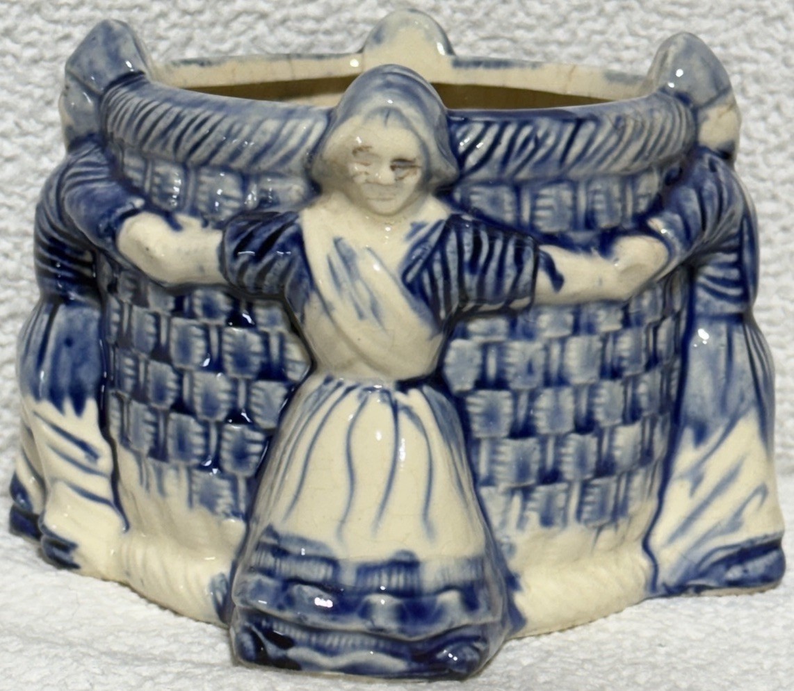 Mid Century Modern Planter Dutch Boy Girl Blue White Basket Japan Crazing Patina