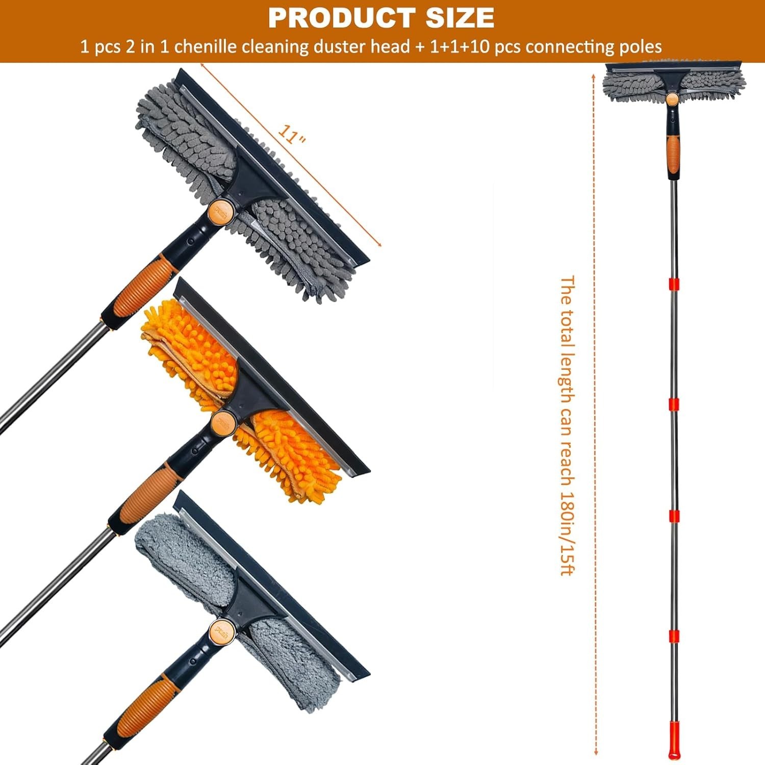 20 ft+ Reach Squeegee Window Cleaner Duster 2 in 1 Rotatable Cleaning Tool Kit