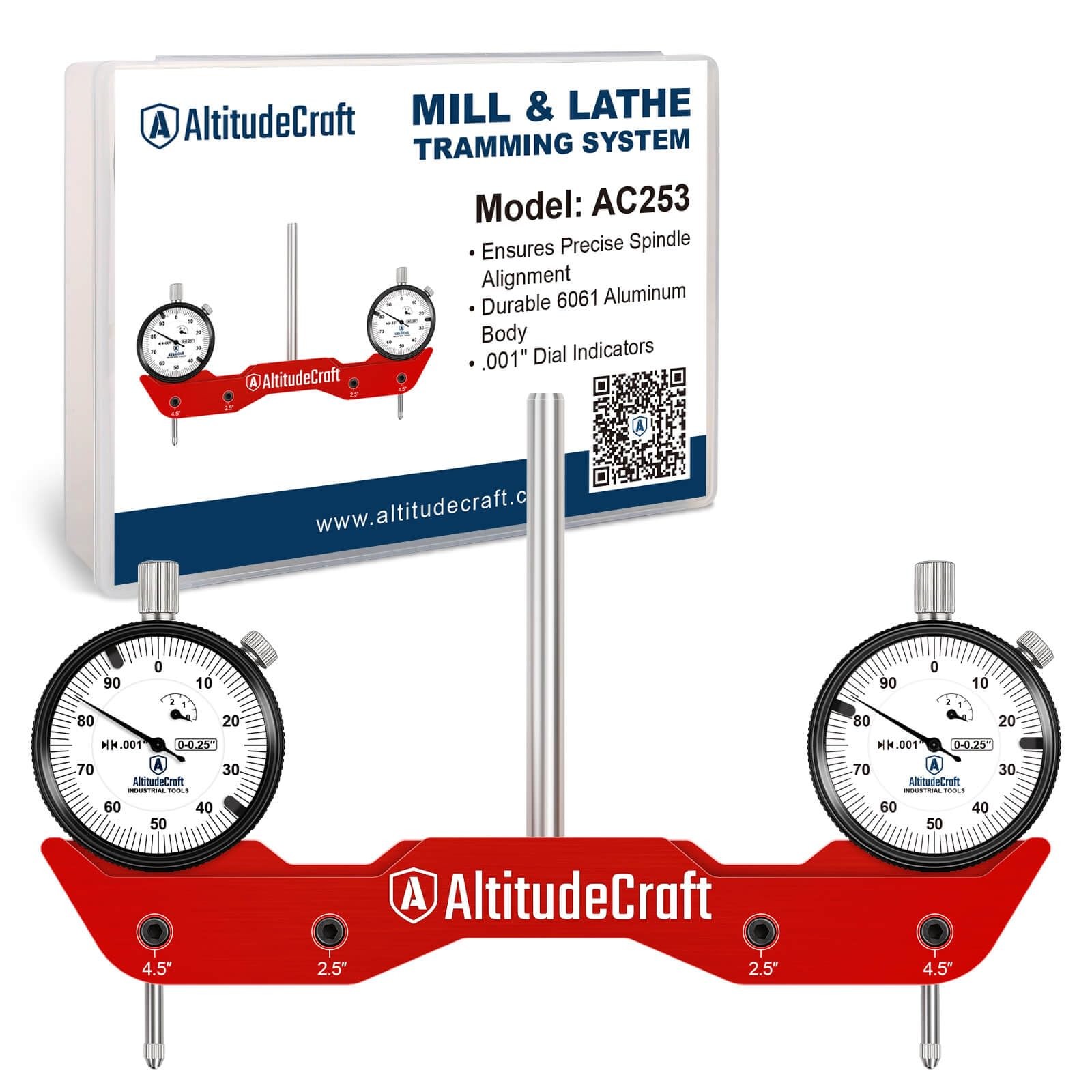 AltitudeCraft Mill Tramming Tool, Dual 0.001-Inch Dials, 1/4-Inch Shank